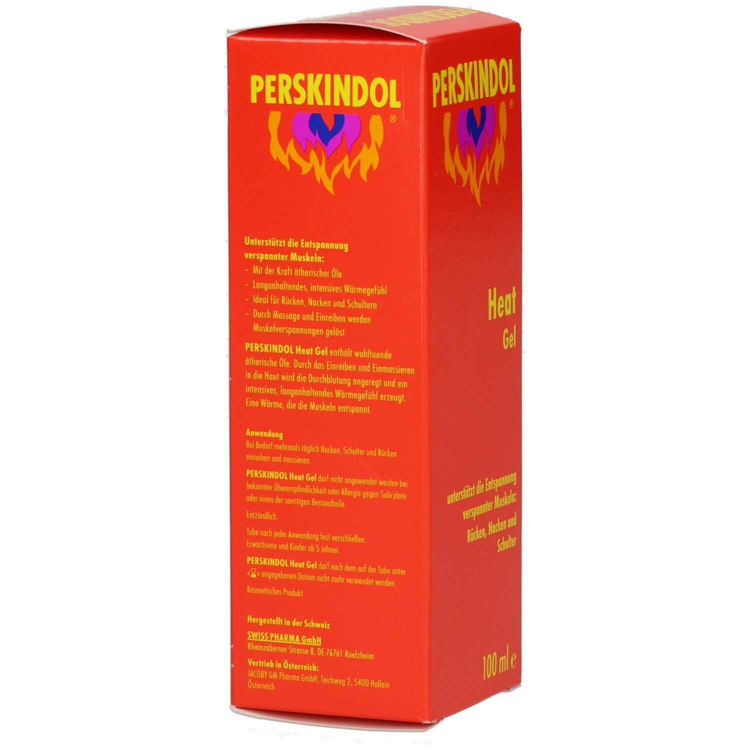 Rote Produktverpackung mit Text. Oben steht PERSKINDOL. Auf der Seite Text in deutscher Sprache. Unten steht 100 ml e.
