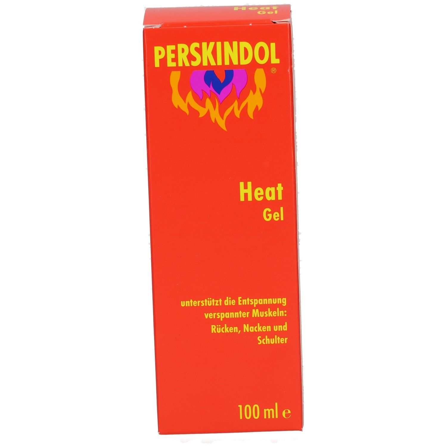 Rote Produktverpackung mit gelber Schrift. Oben steht PERSKINDOL. Darunter Heat Gel. Unten steht 100 ml e.