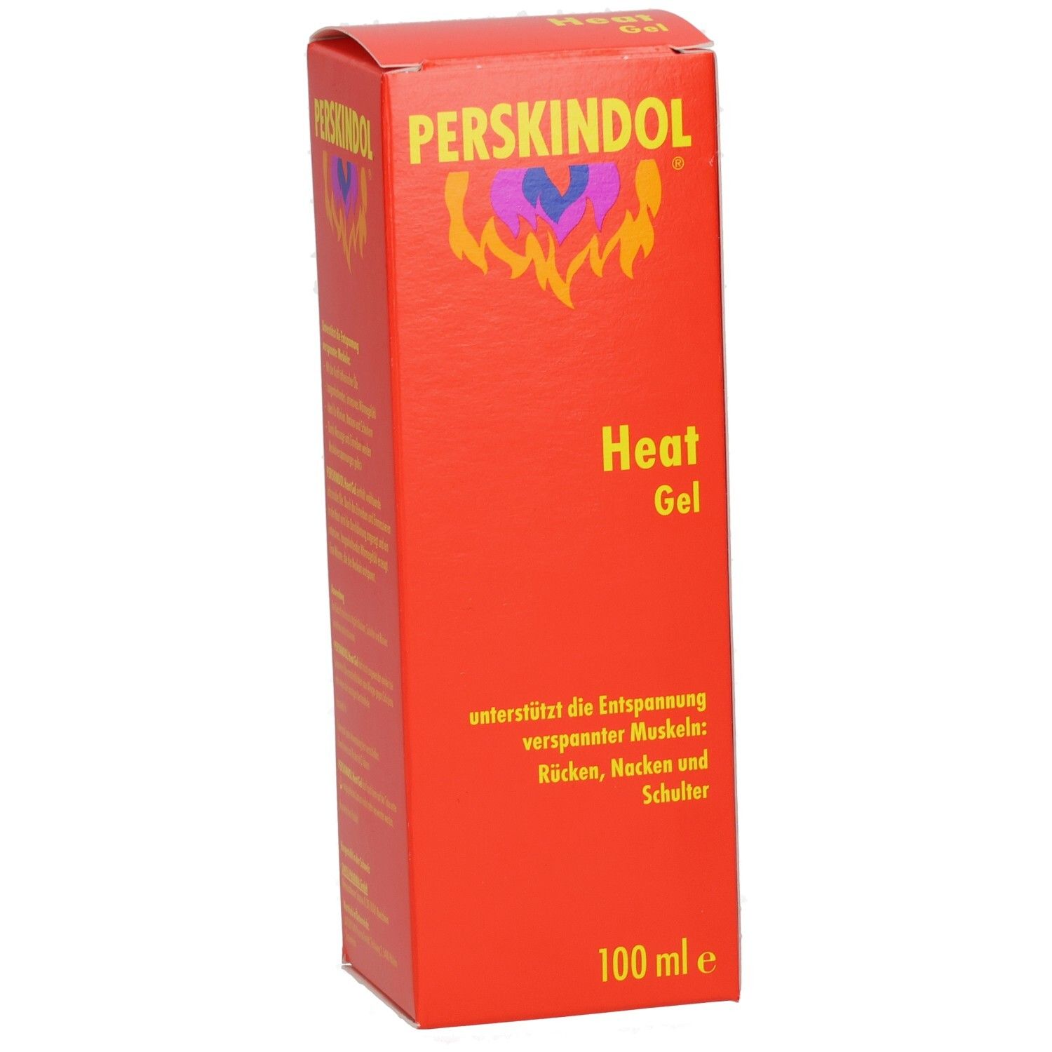 Rote Produktverpackung mit gelber Schrift. Oben steht PERSKINDOL. Darunter Heat Gel. Unten steht 100 ml e.