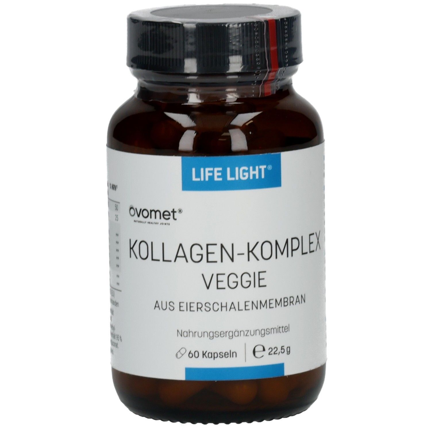 Braune Glasflasche mit schwarzen Deckel. Aufkleber mit Text: LIFE LIGHT, KOLLAGEN-KOMPLEX veggie, 60 Kapseln. Siegel.