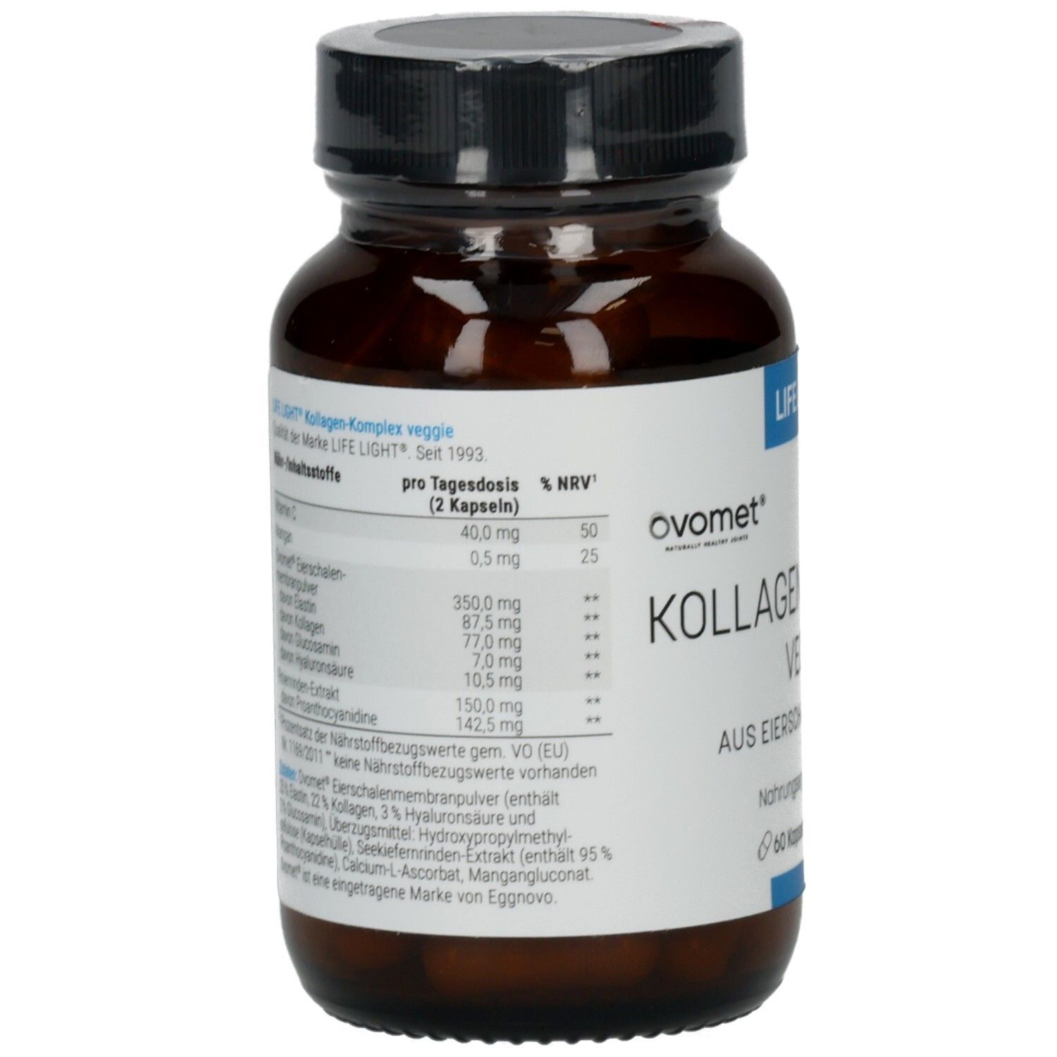 Braune Glasflasche mit schwarzem Deckel. Aufkleber mit Inhaltsstoffangaben und Nährwerttabelle. Text: KOLLAGEN-KOMPLEX veggie.