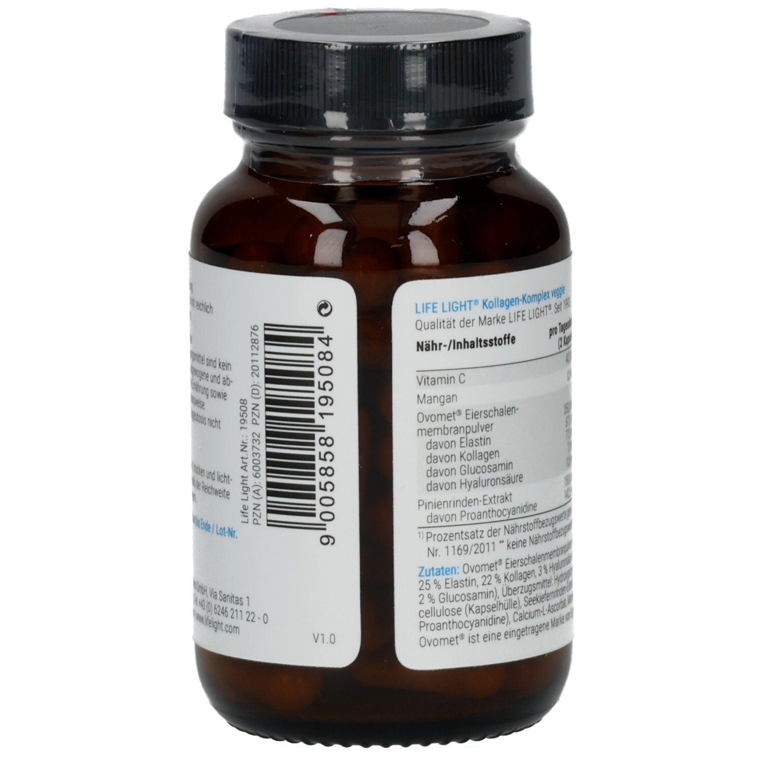 Braune Glasflasche mit schwarzem Deckel. Aufkleber mit Inhaltsstoffen, Nährwertangaben und Herstellerinformationen.
