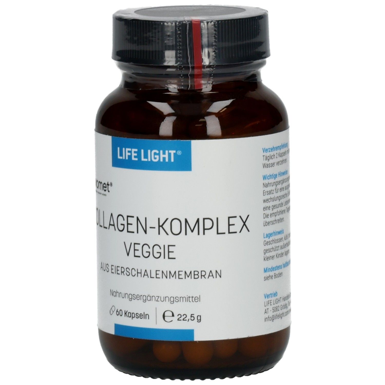 Braune Glasflasche mit schwarzem Deckel. Aufkleber mit Text: LIFE LIGHT, KOLLAGEN-KOMPLEX veggie, 60 Kapseln.
