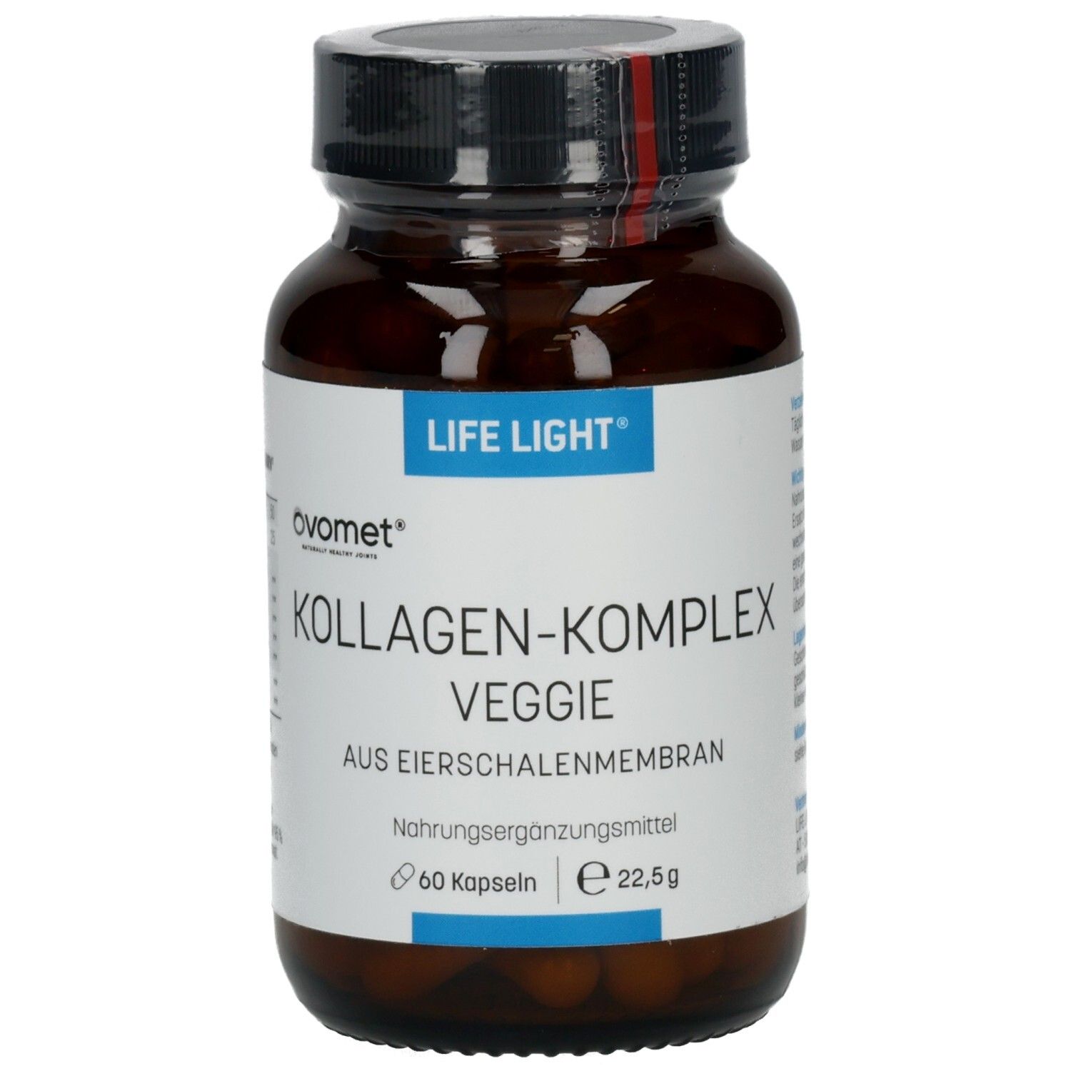Braune Glasflasche mit schwarzem Deckel. Aufkleber mit Text: LIFE LIGHT, KOLLAGEN-KOMPLEX veggie, 60 Kapseln. Siegel.