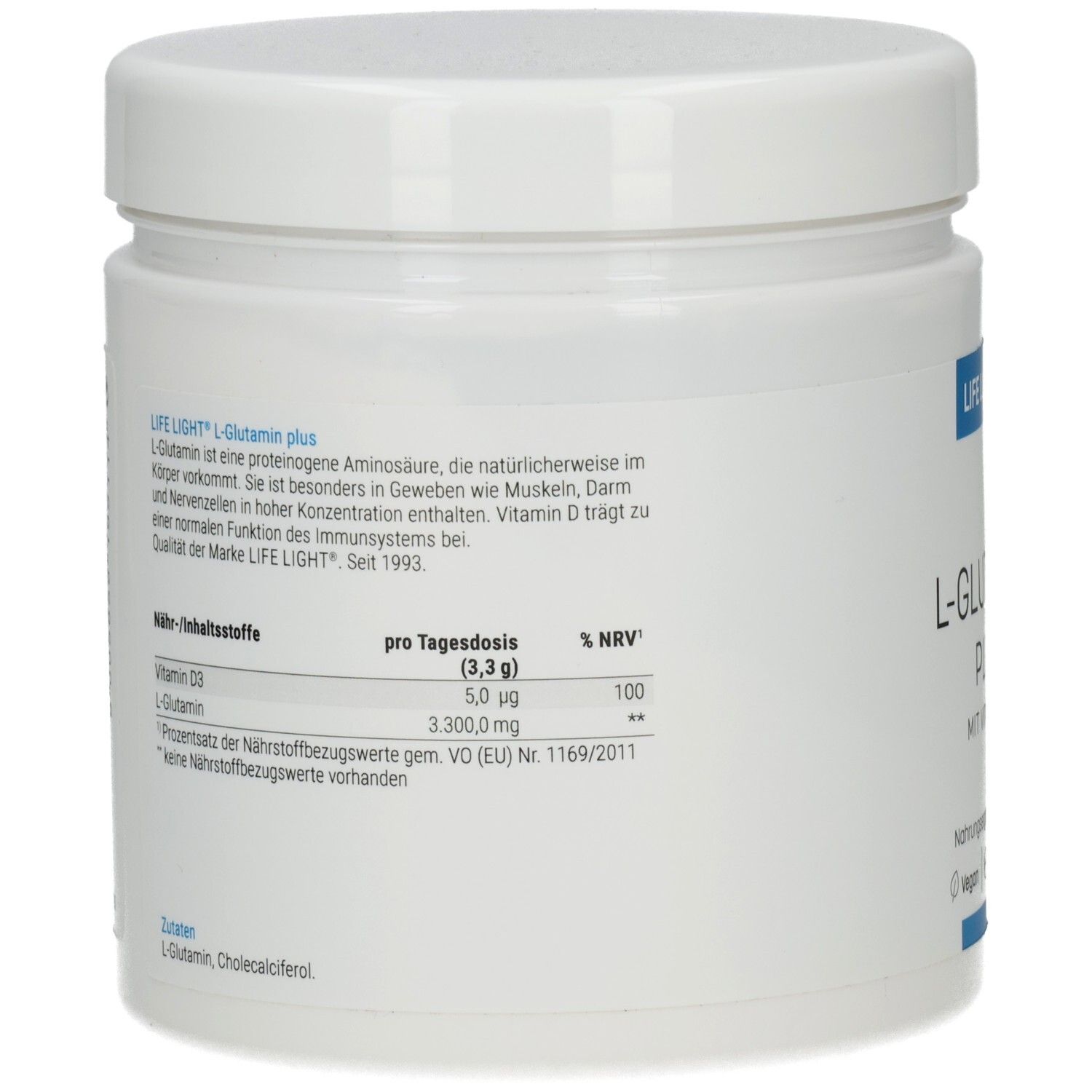 Weiße Dose, Rückseite. Text: LIFE LIGHT L-Glutamin plus. Inhaltsstoffe, pro Tagesdosis, % NRV. Vitamin D, L-Glutamin. Vegan.