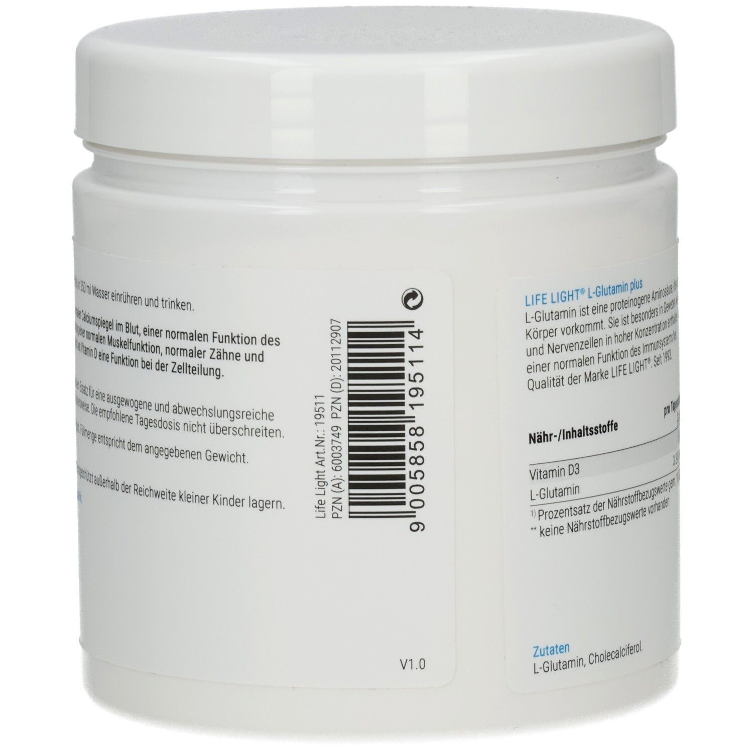 Weiße Dose, Rückseite. Text: LIFE LIGHT L-Glutamin plus. PZN-Code. Barcode. V1.0.