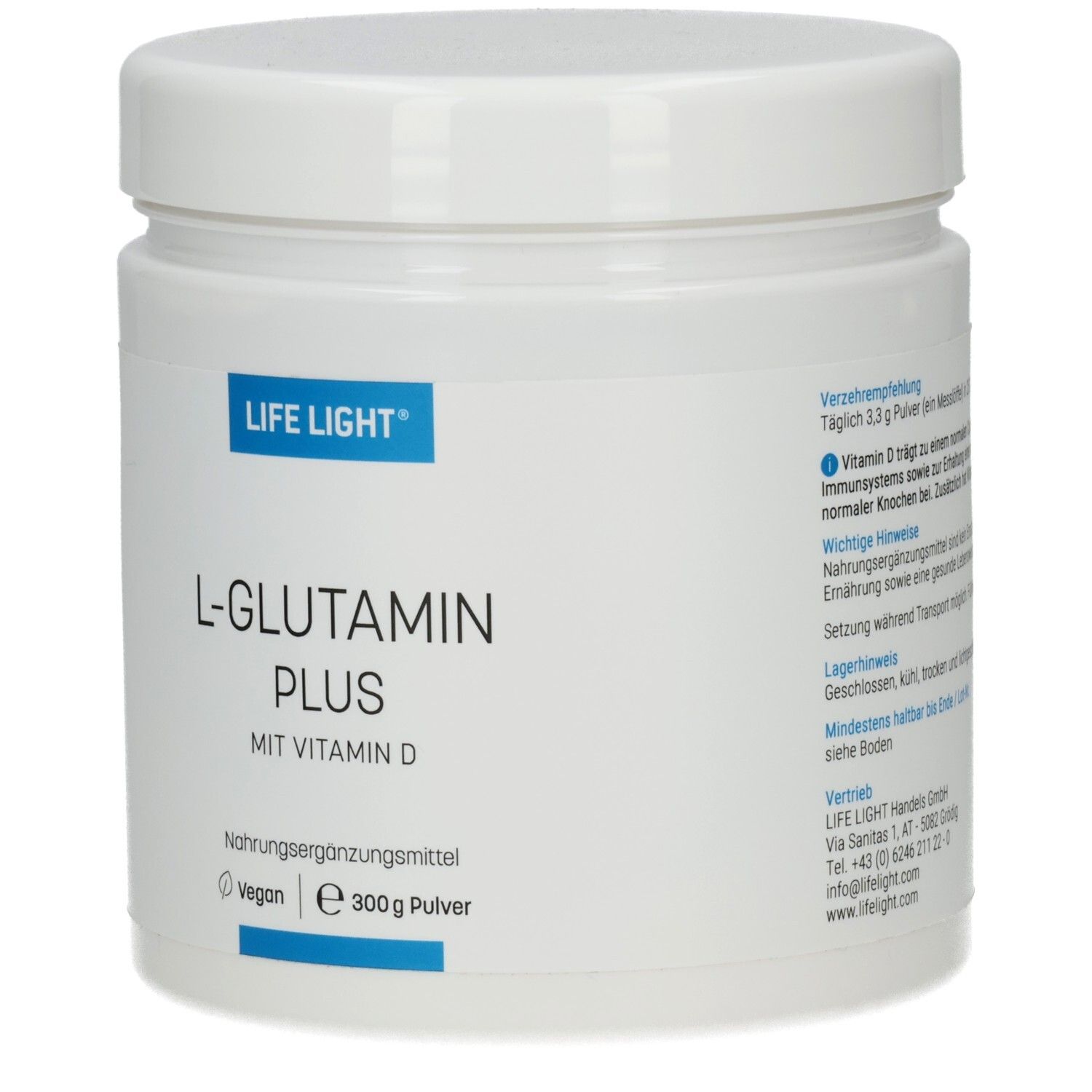 Weiße Dose mit Deckel. Aufschrift: LIFE LIGHT, L-GLUTAMIN PLUS MIT VITAMIN D. Nahrungsergänzungsmittel. Vegan. 300g Pulver.