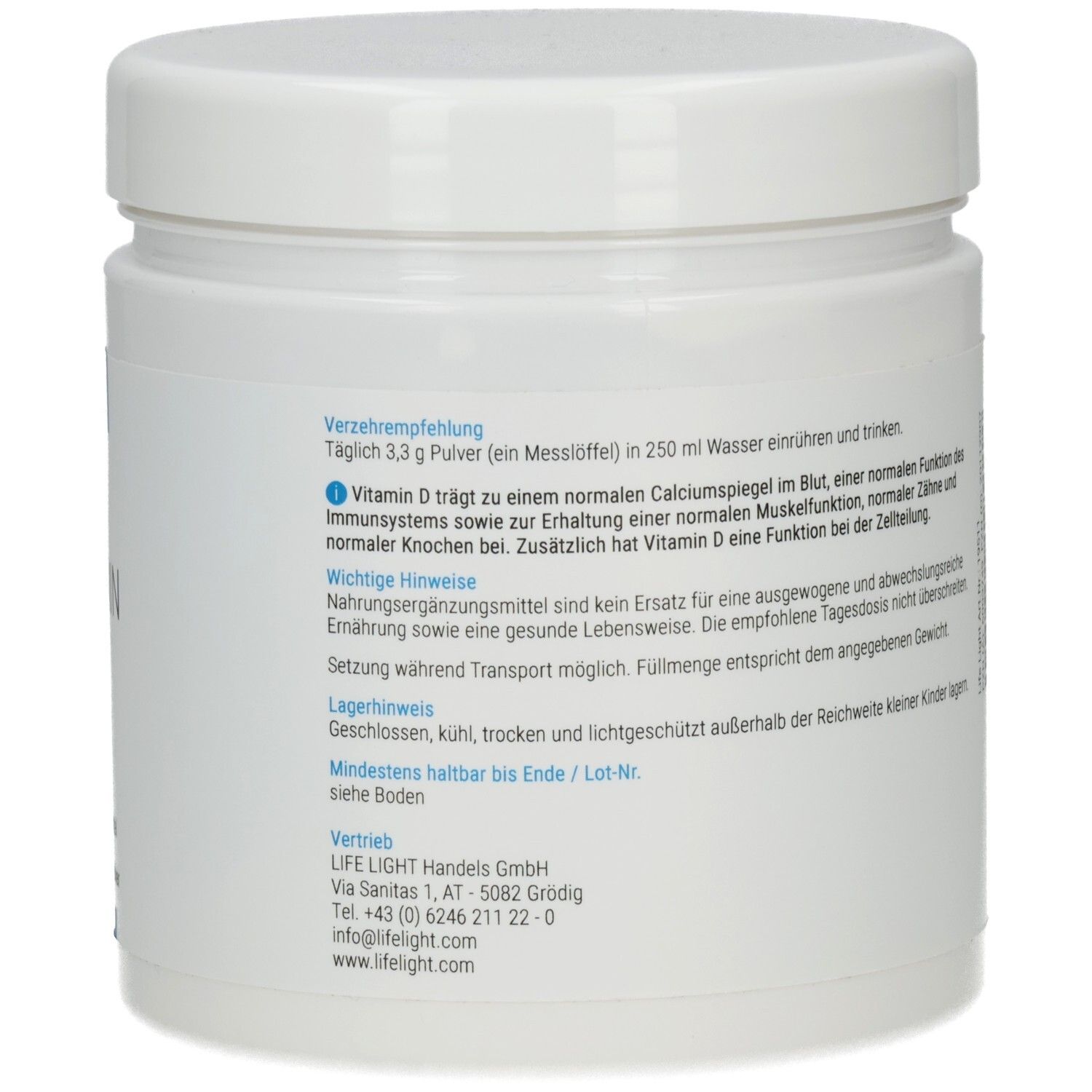 Weiße Dose, Rückseite. Text: Verzehrempfehlung, Vitamin D, wichtige Hinweise, Lagerhinweise, Vertrieb.