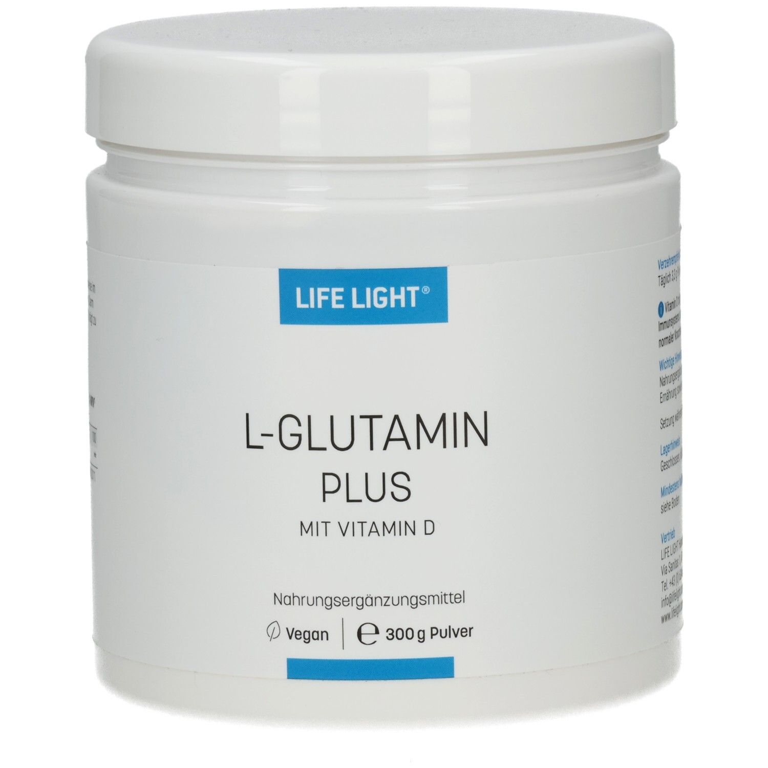 Weiße Dose mit Deckel. Aufschrift: LIFE LIGHT, L-GLUTAMIN PLUS MIT VITAMIN D. Nahrungsergänzungsmittel. Vegan. 300g Pulver.
