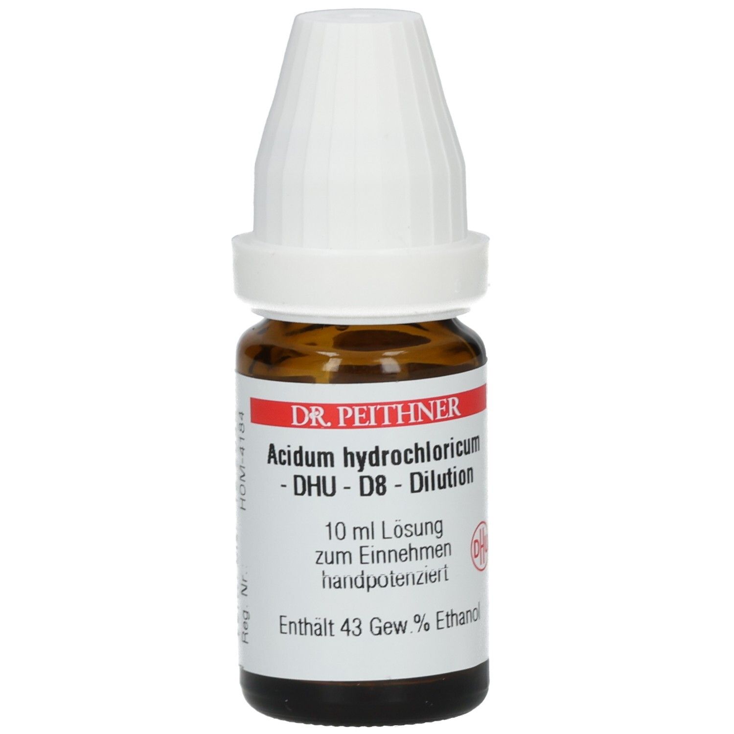 Braune Glasflasche mit weißem Verschluss. Etikett mit Produktnamen und DHU-Logo. Enthält 10 ml Lösung.