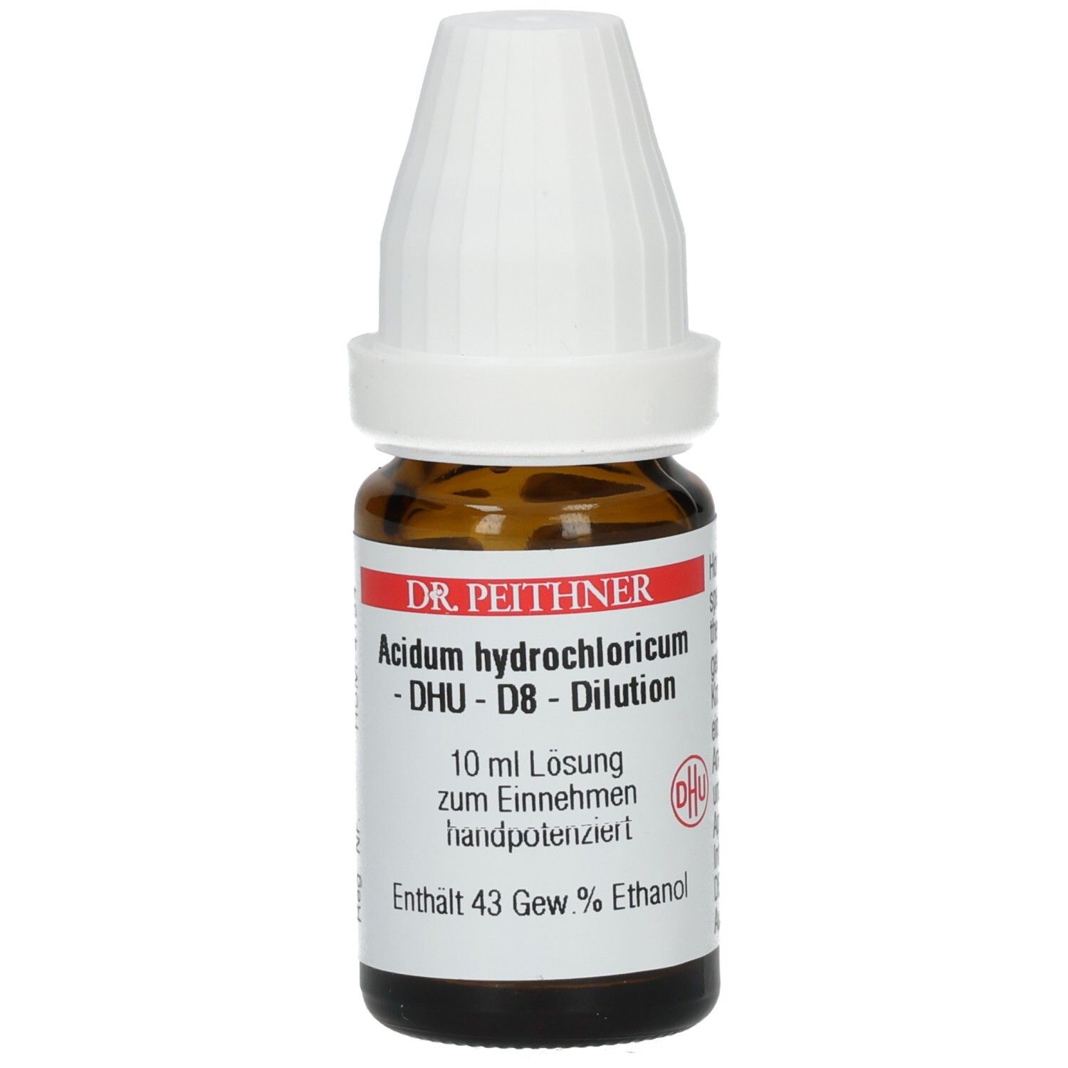 Braune Glasflasche mit weißem Verschluss. Etikett mit Produktinformationen und DHU-Logo. Enthält 10 ml Lösung.