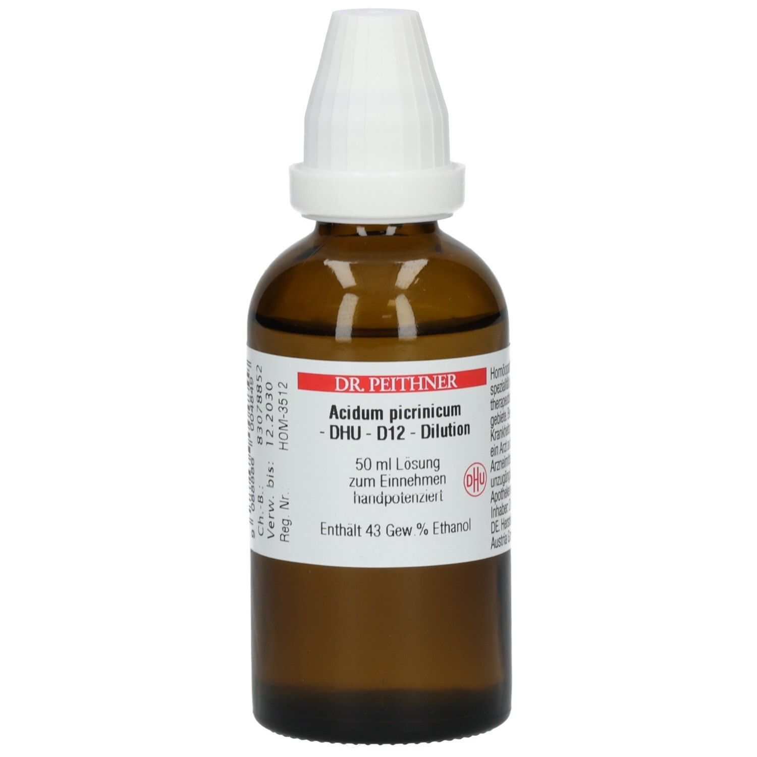 Braune Glasflasche mit weißem Tropfverschluss. Etikett mit Produktnamen, DHU-Logo und weiteren Informationen. 50 ml Lösung.