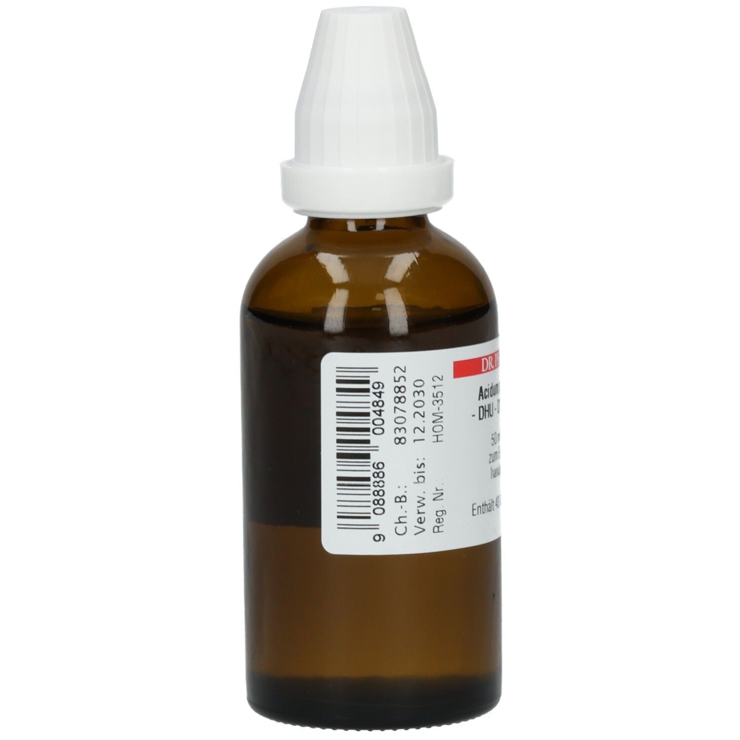 Braune Glasflasche mit weißem Tropfverschluss. Etikett mit Barcode und weiteren Informationen. Rückansicht.