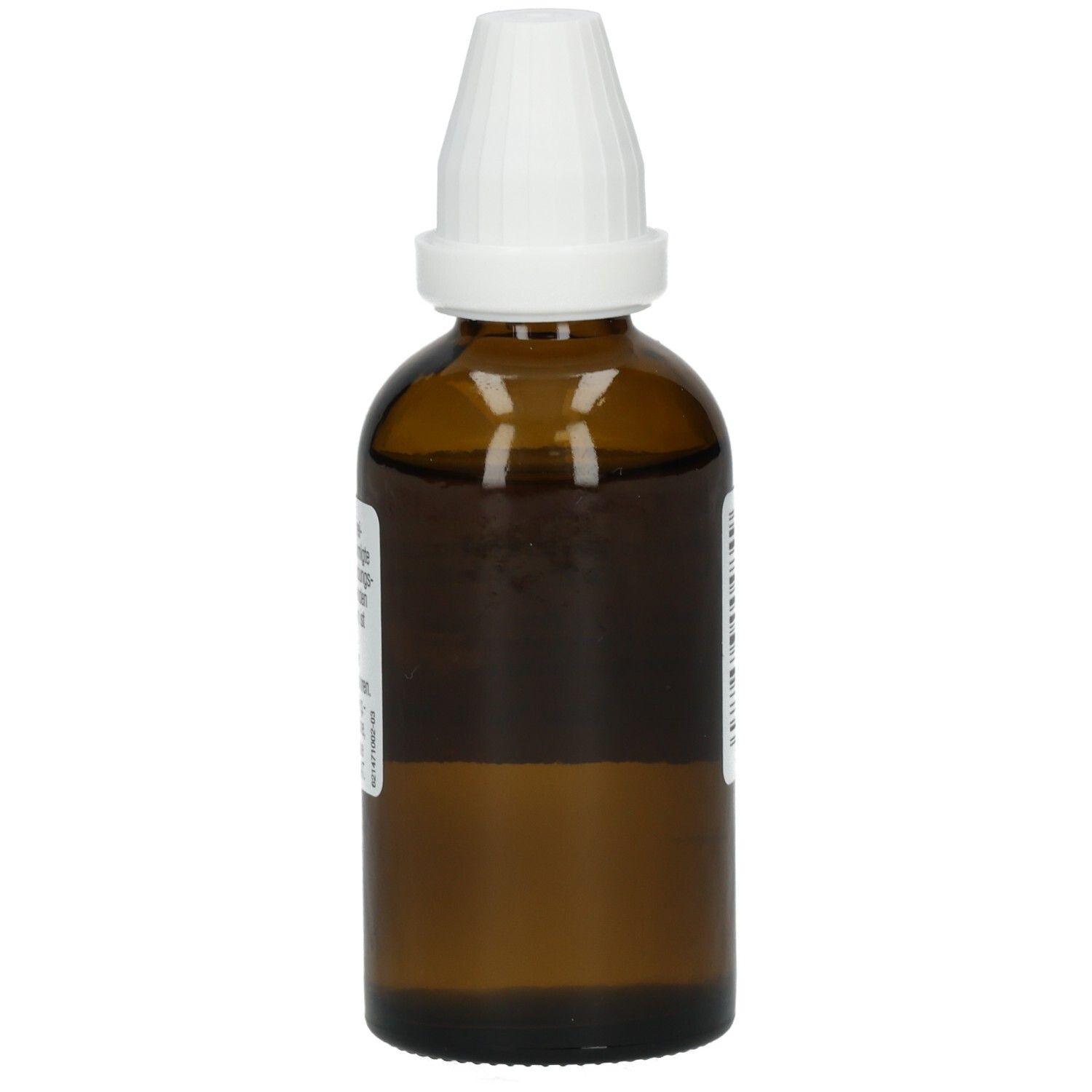 Braune Glasflasche mit weißem Tropfverschluss. Etikett mit Informationen. Seitenansicht.