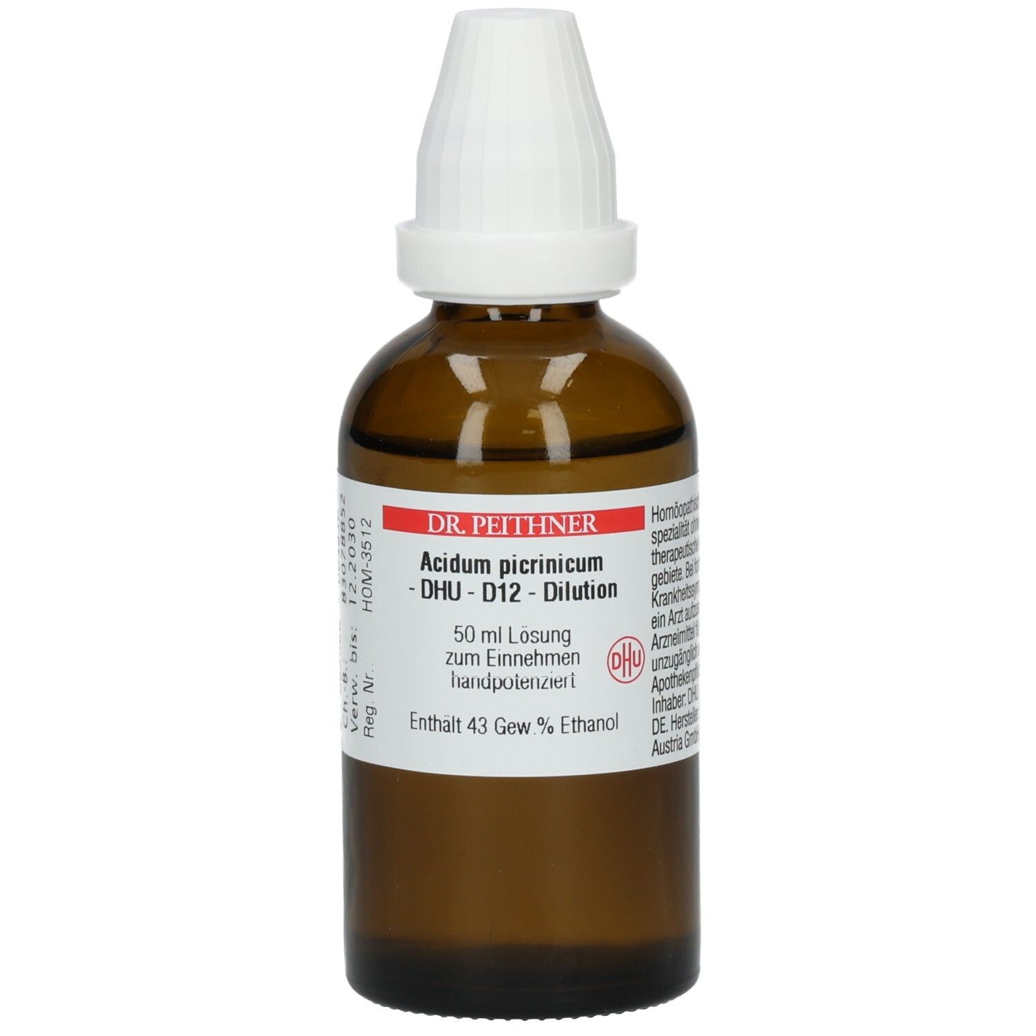 Braune Glasflasche mit weißem Tropfverschluss. Etikett mit Produktnamen, DHU-Logo und weiteren Informationen. 50 ml Lösung.