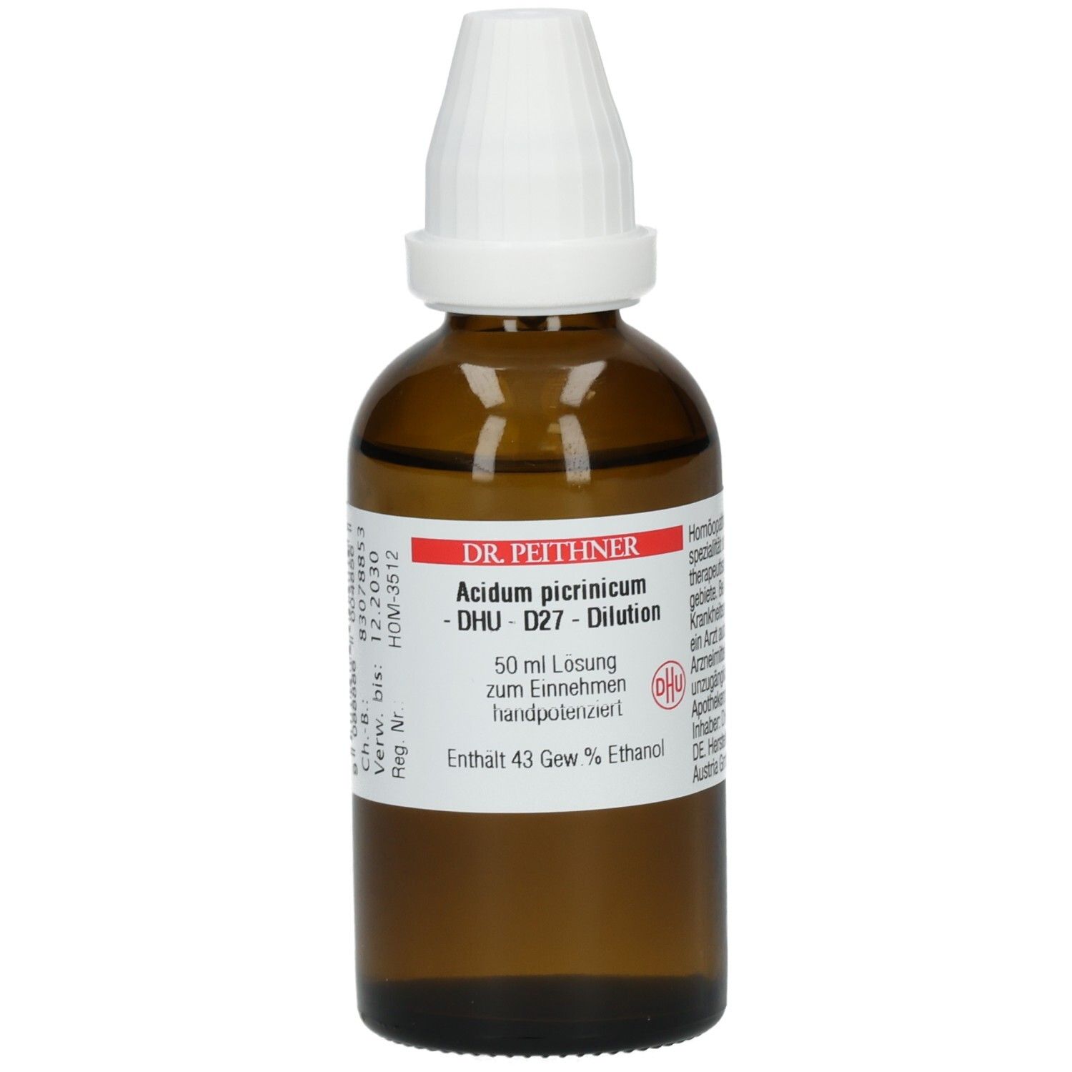 Braune Glasflasche mit weißem Verschluss. Etikett mit Produktnamen, DHU-Bezeichnung und weiteren Informationen. 50 ml Lösung.