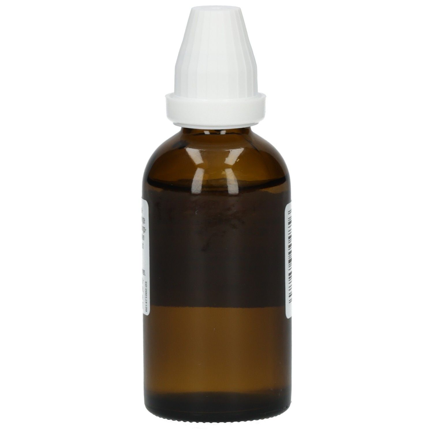 Braune Glasflasche mit weißem Verschluss. Etikett mit Produktinformationen. Seitenansicht des Produkts.