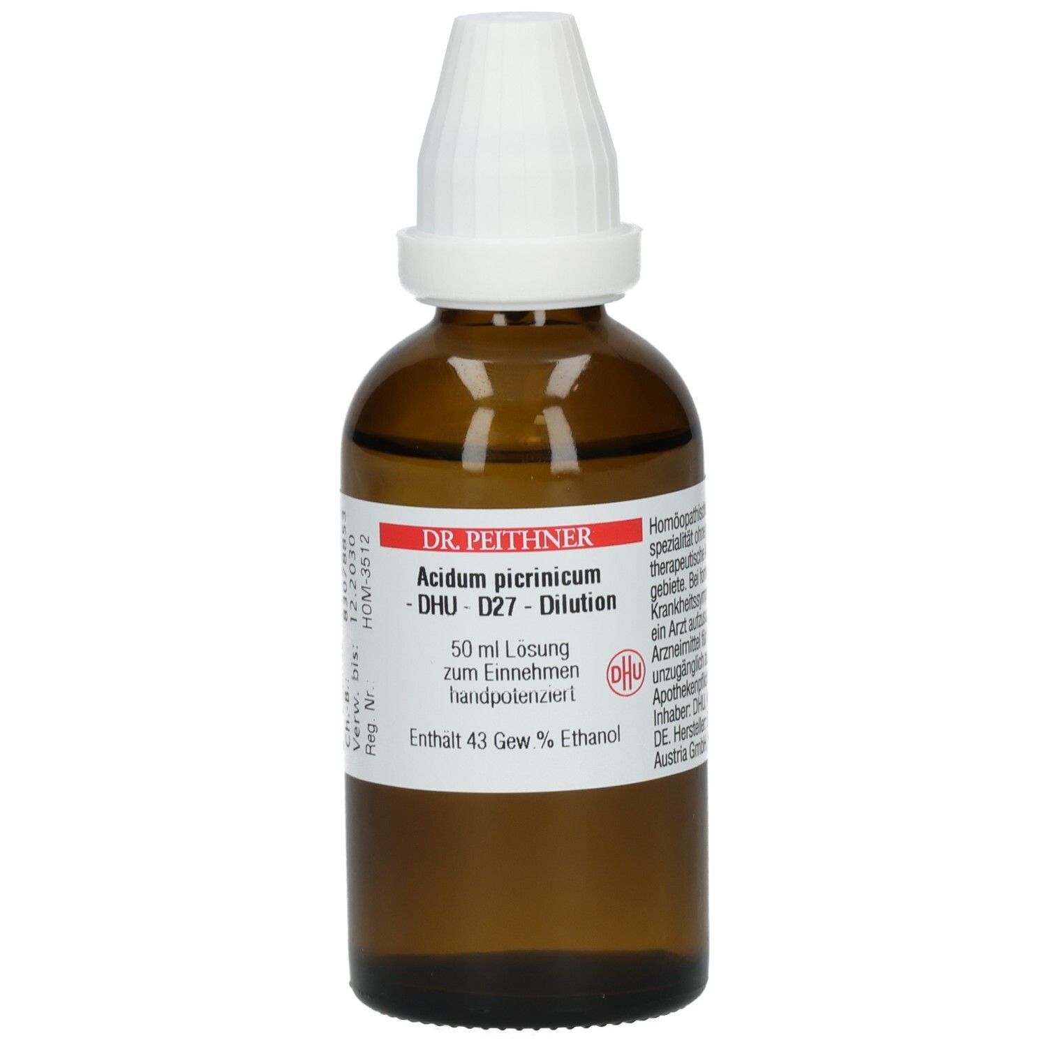 Braune Glasflasche mit weißem Verschluss. Etikett mit Produktnamen, DHU-Bezeichnung und weiteren Informationen. 50 ml Lösung.