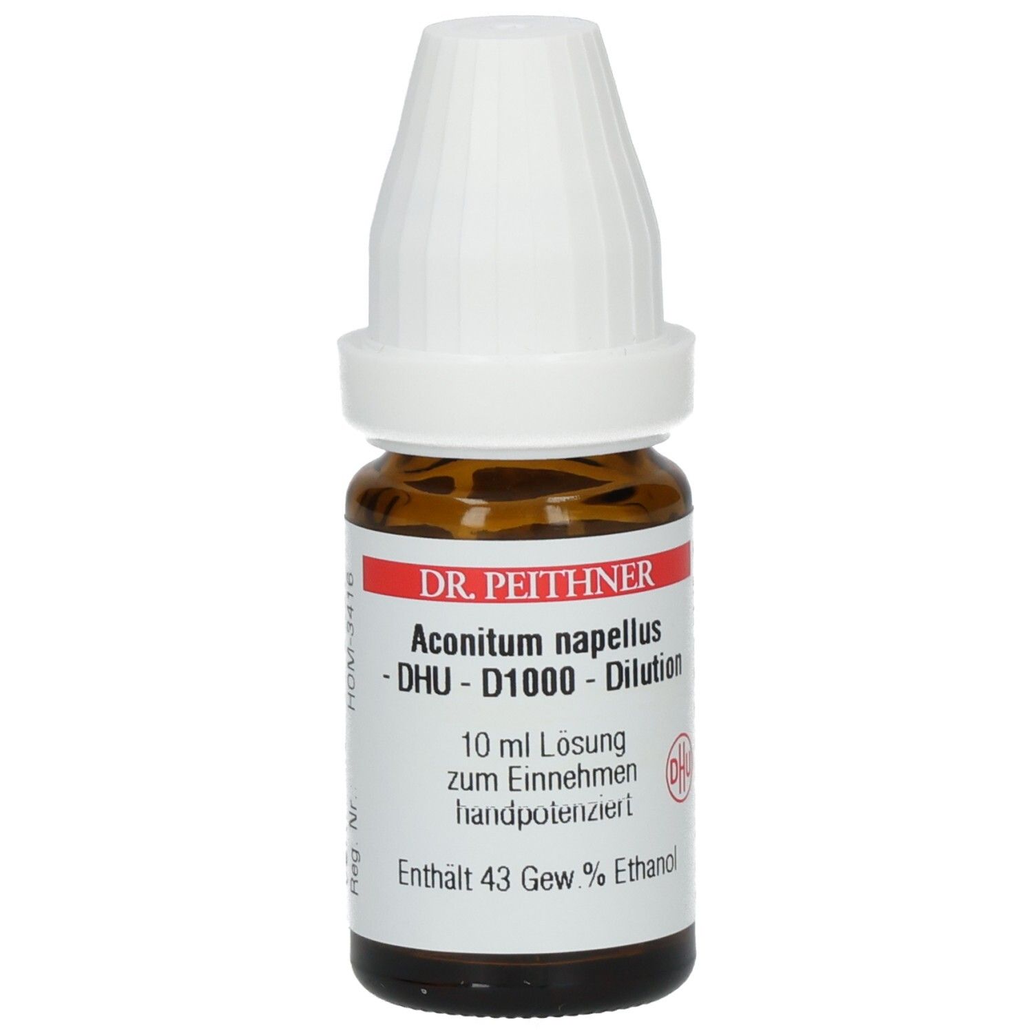 Braune Glasflasche mit weißem Verschluss. Etikett mit Produktinformationen: Aconitum napellus D1000 DHU, 10 ml Lösung, 43 % Ethanol.