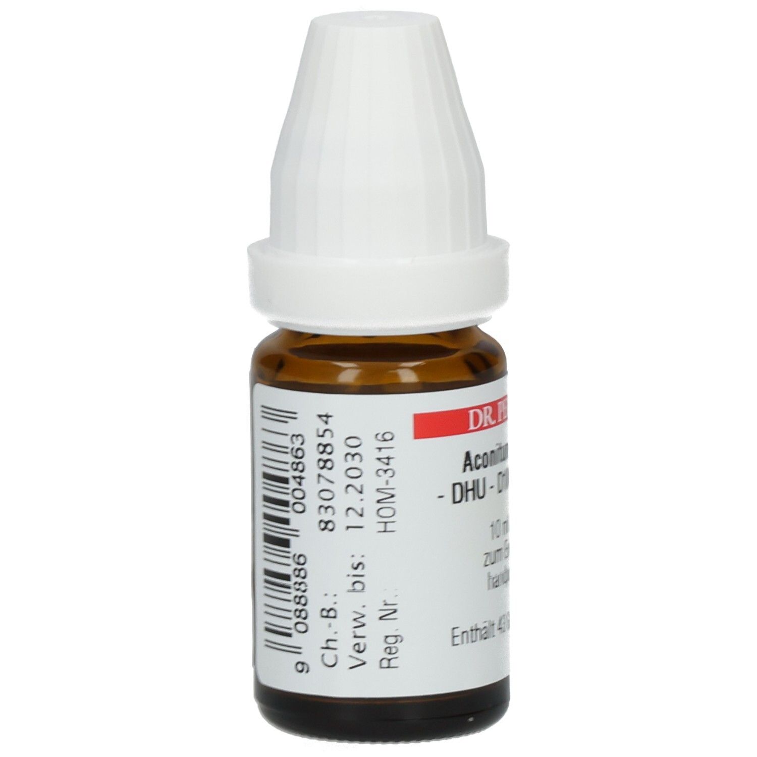 Braune Glasflasche mit weißem Verschluss. Etikett mit Barcode und Produktinformationen. Verfallsdatum: 12.2030.