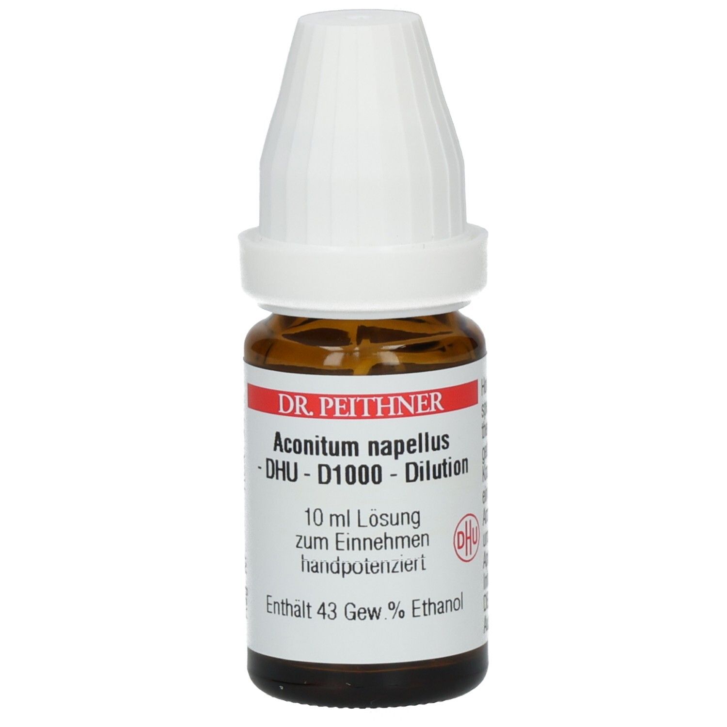 Braune Glasflasche mit weißem Verschluss. Etikett mit Produktinformationen: Aconitum napellus D1000 DHU, 10 ml Lösung, 43 % Ethanol.