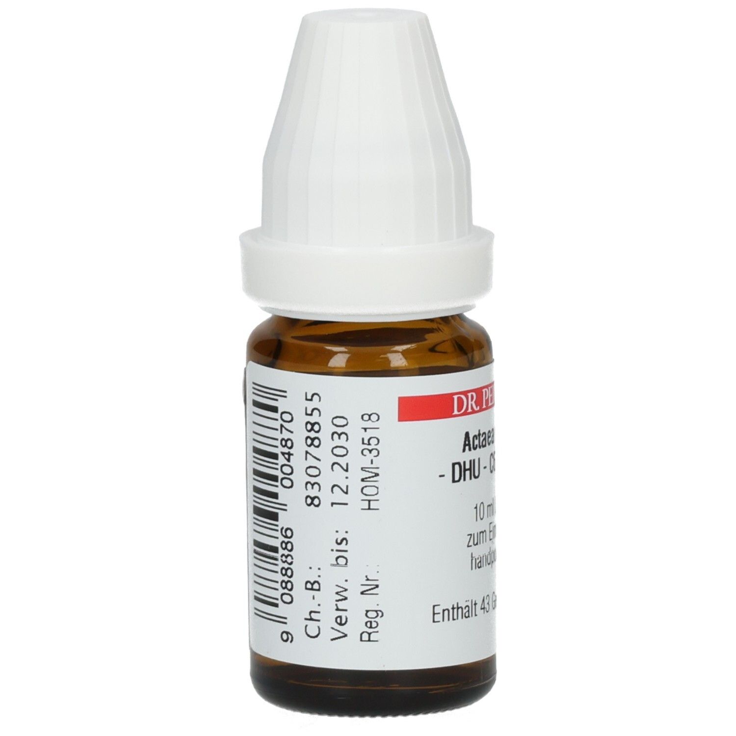 Braune Glasflasche mit weißem Verschluss. Etikett mit Barcode und Chargennummer. Enthält 10 ml Lösung.