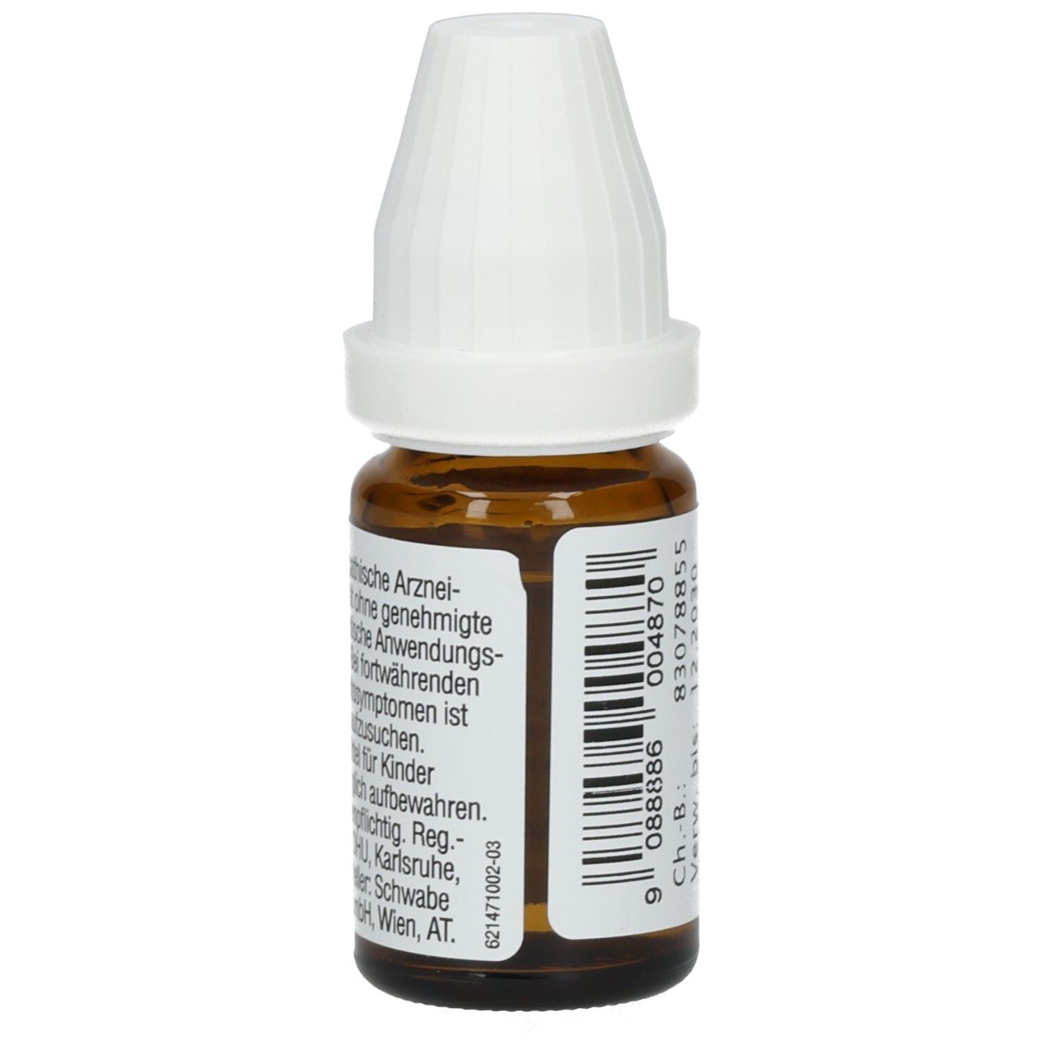 Braune Glasflasche mit weißem Verschluss. Etikett mit Text und Barcode. Enthält 10 ml Lösung.