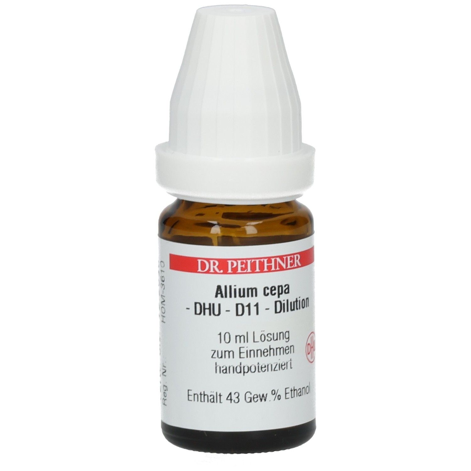 Braune Glasflasche mit weißem Verschluss. Beschriftung: DR. PEITHNER Allium cepa - DHU - D11 - Dilution. 10 ml Lösung.