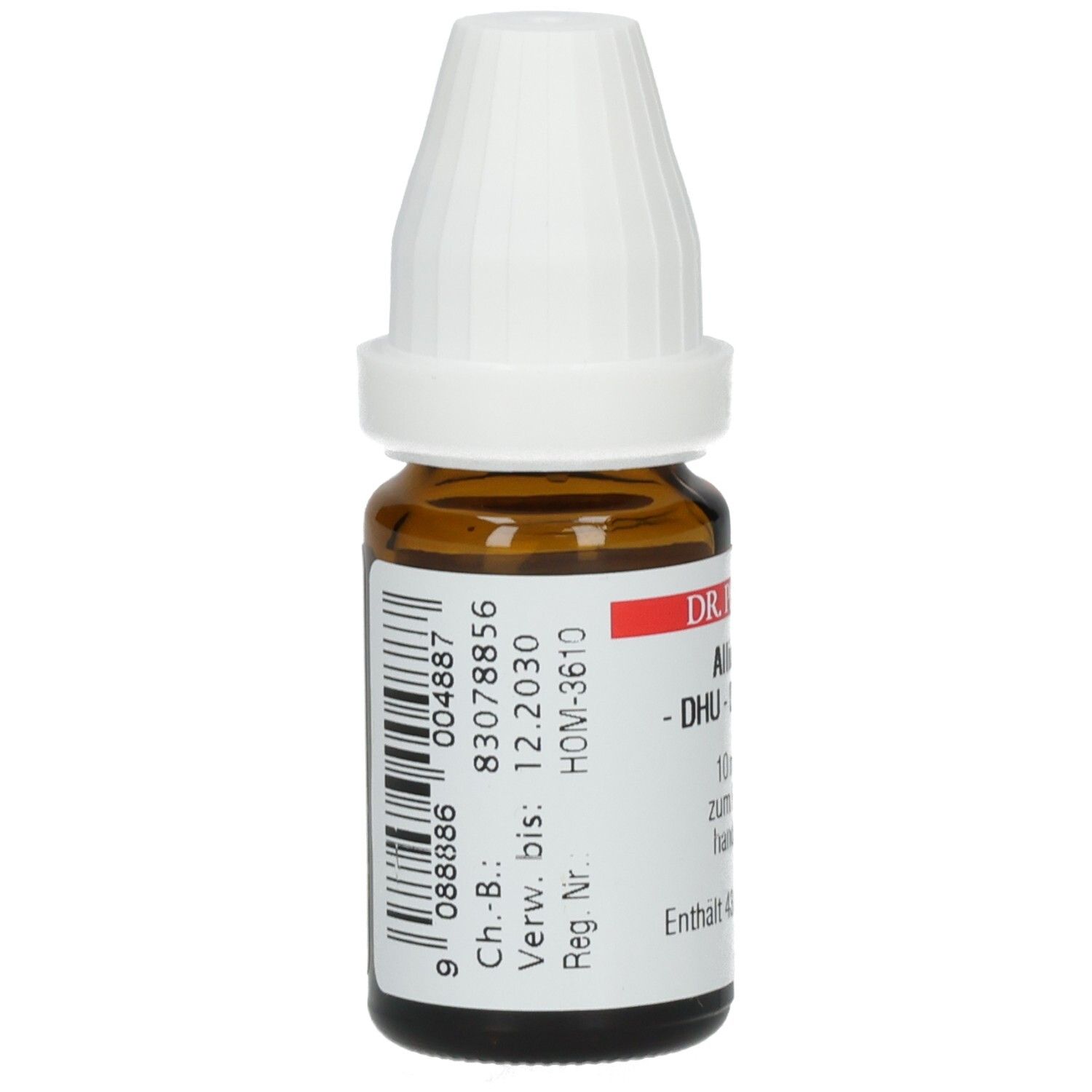 Braune Glasflasche mit weißem Verschluss. Etikett mit Barcode und Informationen. Beschriftung: DR. PEITHNER Allium cepa - DHU - D11.