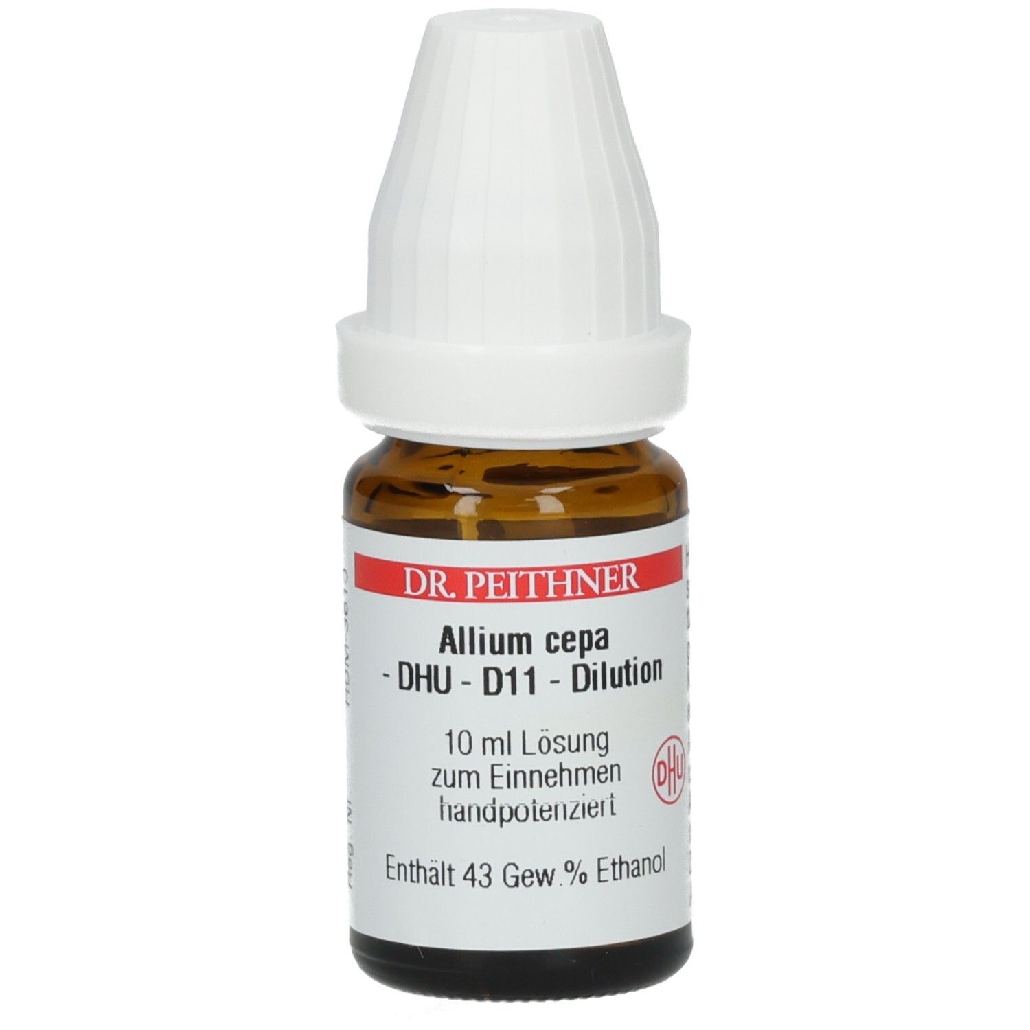 Braune Glasflasche mit weißem Verschluss. Beschriftung: DR. PEITHNER Allium cepa - DHU - D11 - Dilution. 10 ml Lösung.