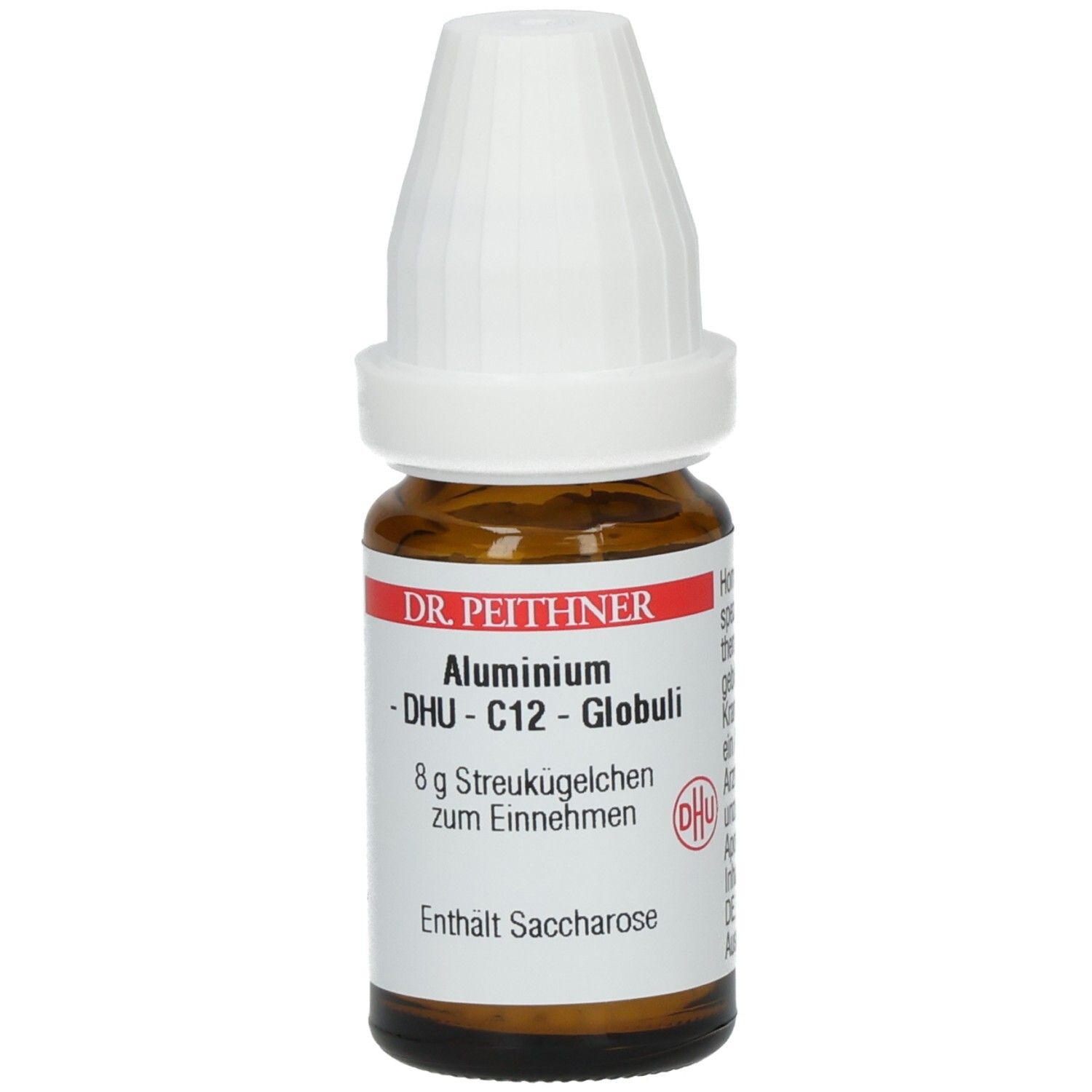 Braune Glasflasche mit weißem Deckel. Etikett mit Produktnamen, DHU-Logo und Inhaltsangabe. Enthält Saccharose.