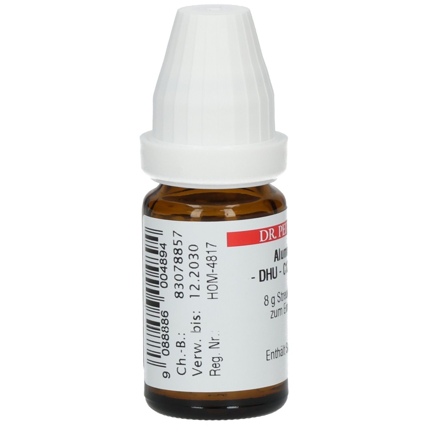 Braune Glasflasche mit weißem Deckel. Etikett mit Barcode, Chargennummer und Verfallsdatum. Rückseite mit Informationen.