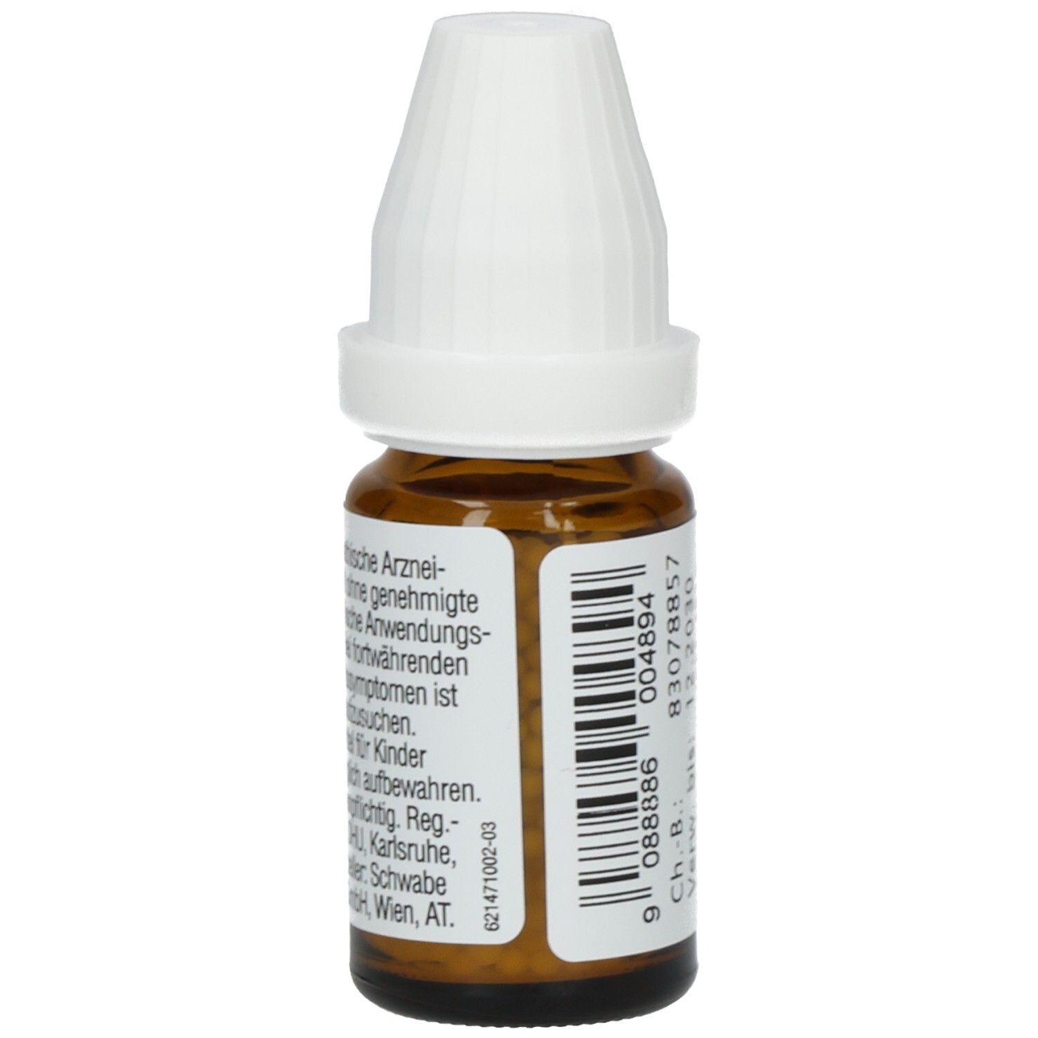 Braune Glasflasche mit weißem Deckel. Etikett mit Text. Rückseite mit Informationen. Apothekenpflichtig.