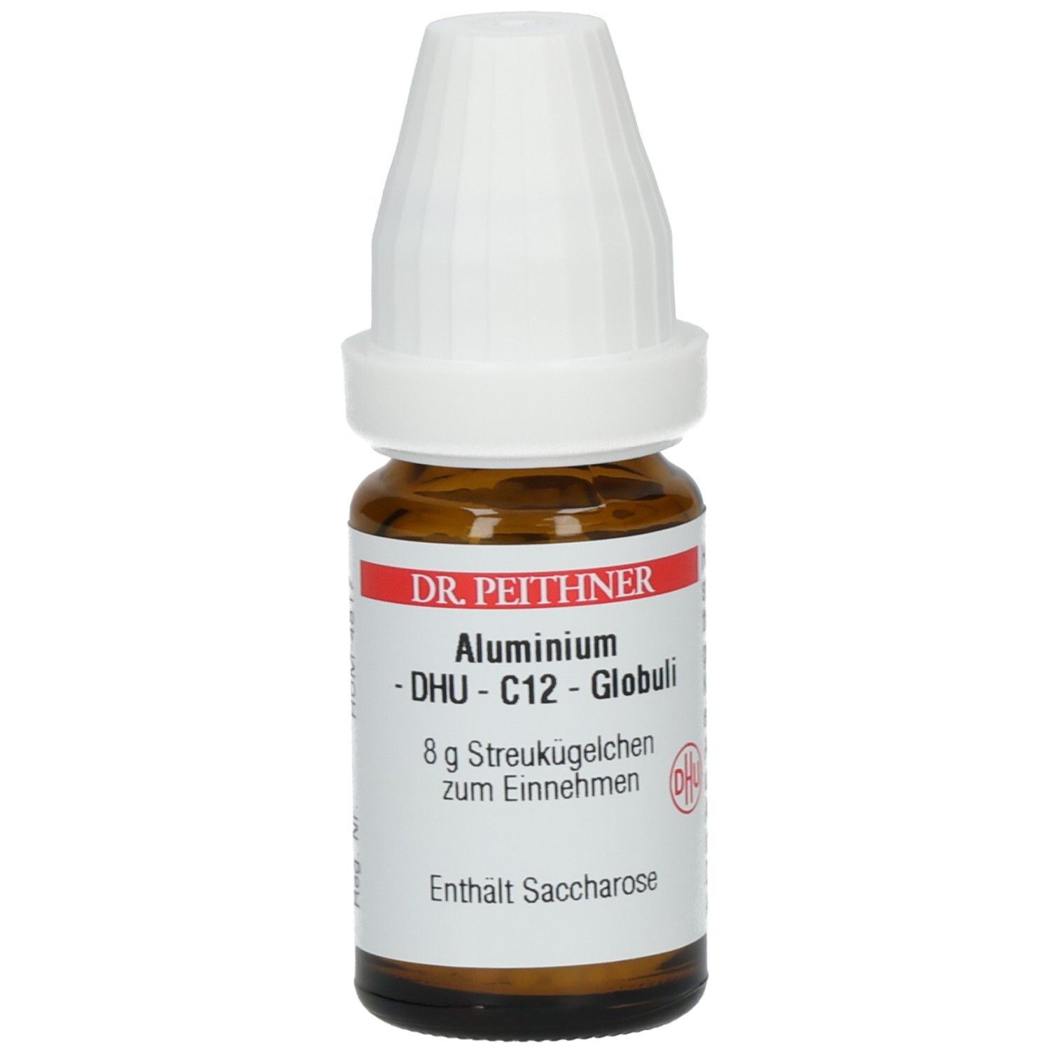 Braune Glasflasche mit weißem Deckel. Etikett mit Produktnamen, DHU-Logo und Inhaltsangabe. Enthält Saccharose.