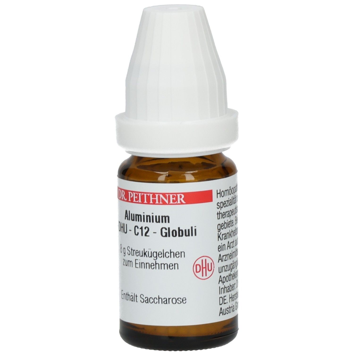 Braune Glasflasche mit weißem Deckel. Etikett mit Produktnamen, DHU-Logo und Inhaltsangabe. Enthält Saccharose.