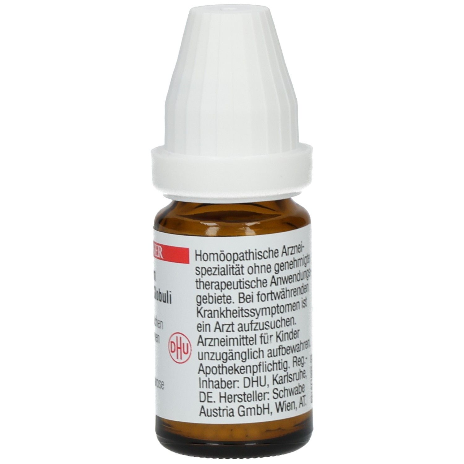 Braune Glasflasche mit weißem Deckel. Etikett mit Text. Rückseite mit Informationen. Apothekenpflichtig.