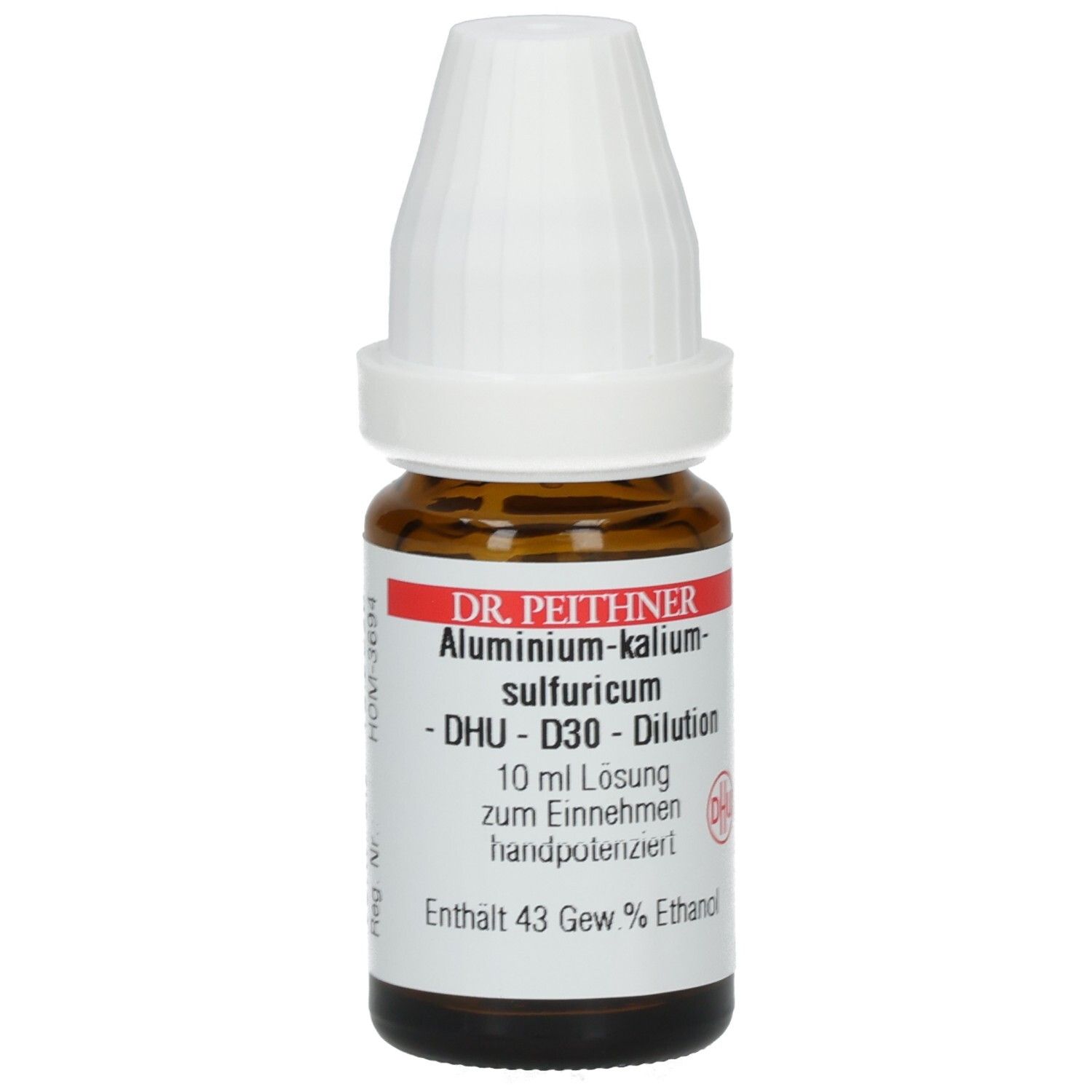 Braune Glasflasche mit weißem Verschluss. Beschriftung: DR. PEITHNER Aluminium-kalium-sulfuricum - DHU - D30 - Dilution.
