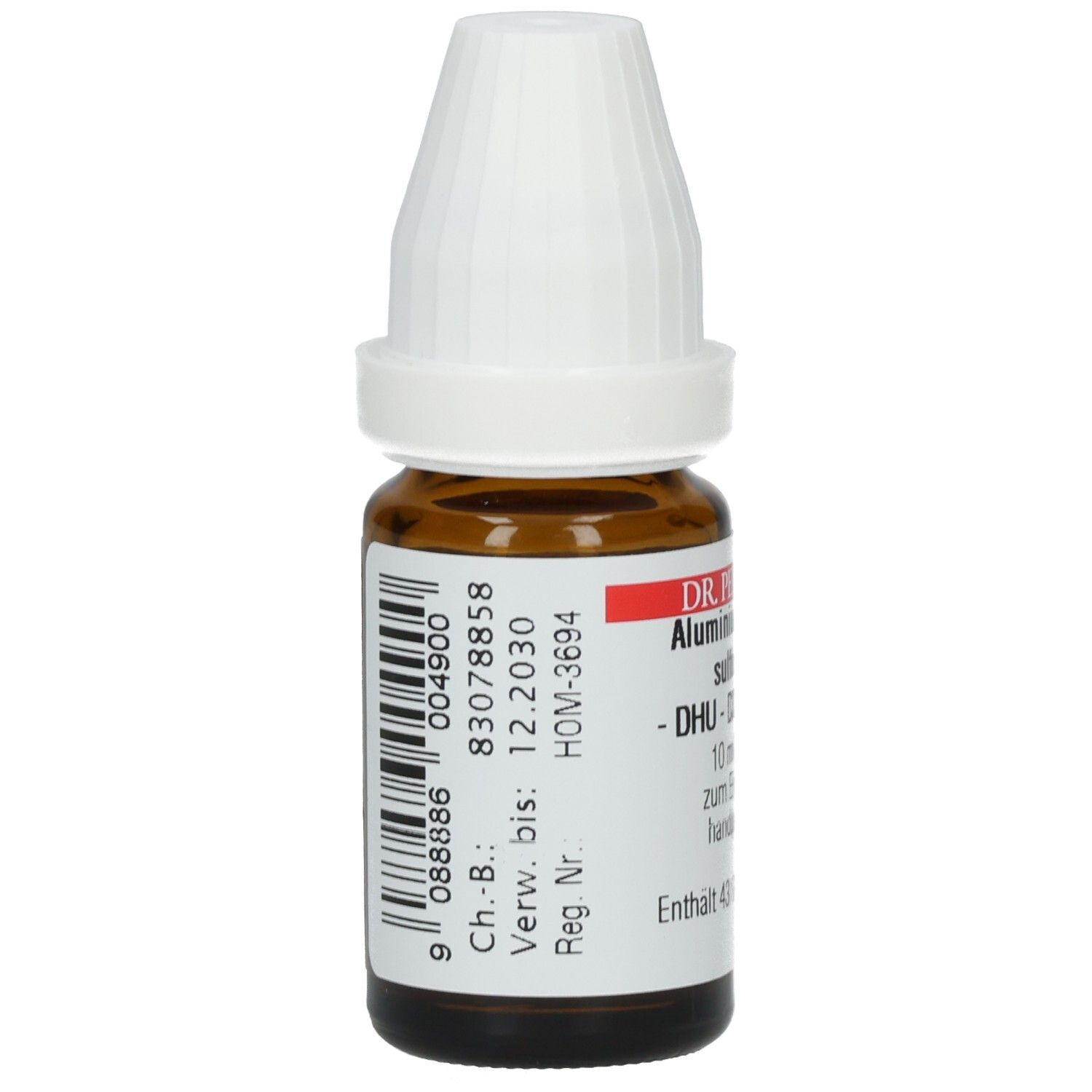 Braune Glasflasche mit weißem Verschluss. Barcode und weitere Angaben auf dem Etikett.