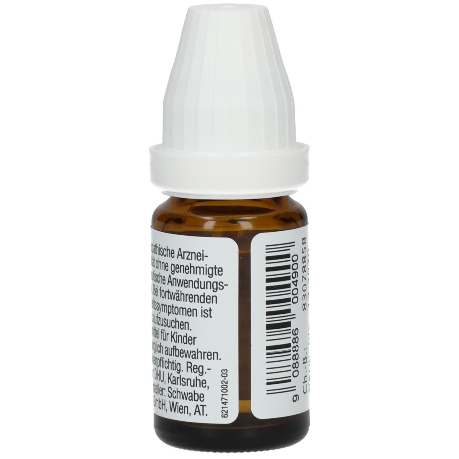 Braune Glasflasche mit weißem Verschluss. Text auf dem Etikett, u.a. homöopathische Arznei.