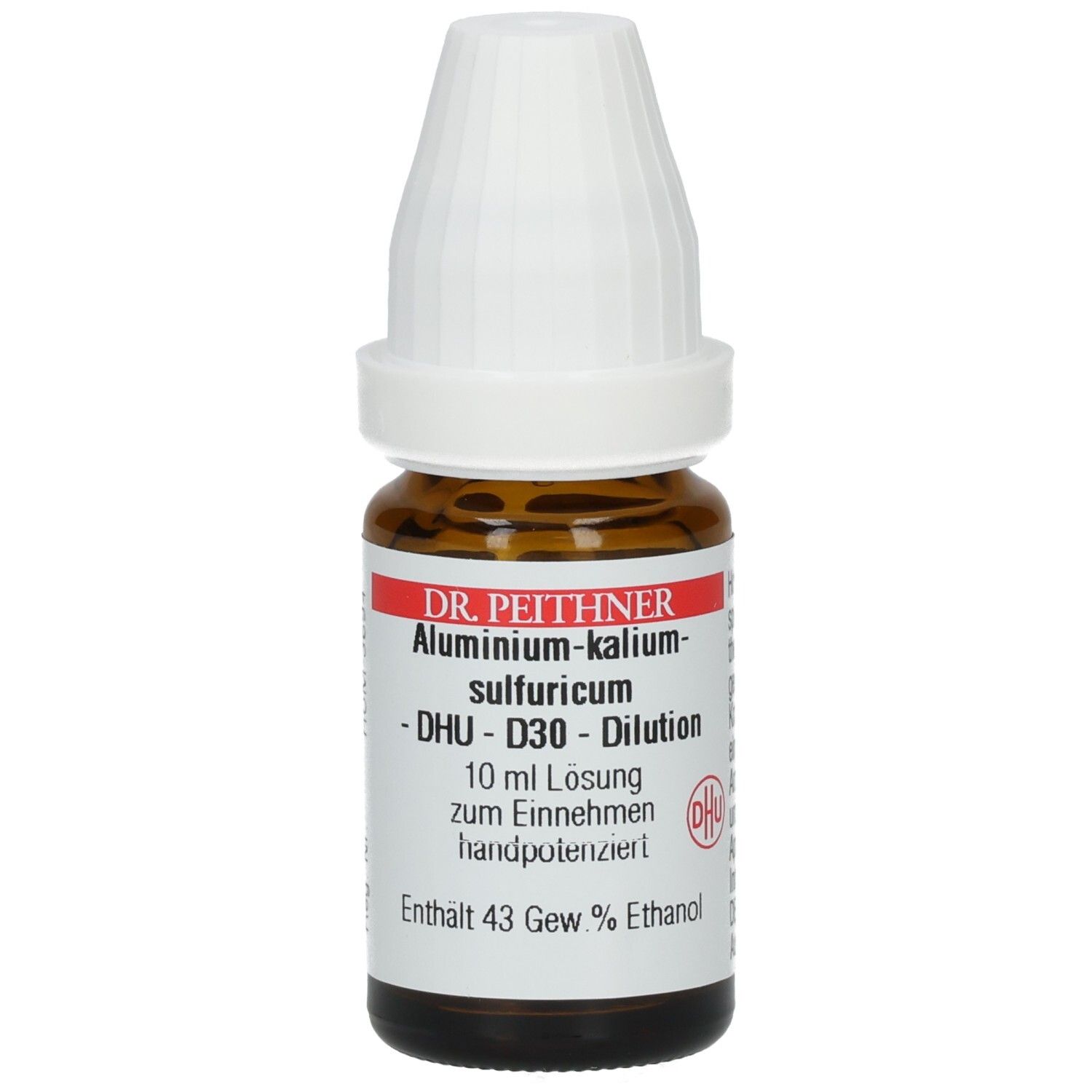Braune Glasflasche mit weißem Verschluss. Beschriftung: DR. PEITHNER Aluminium-kalium-sulfuricum - DHU - D30 - Dilution.