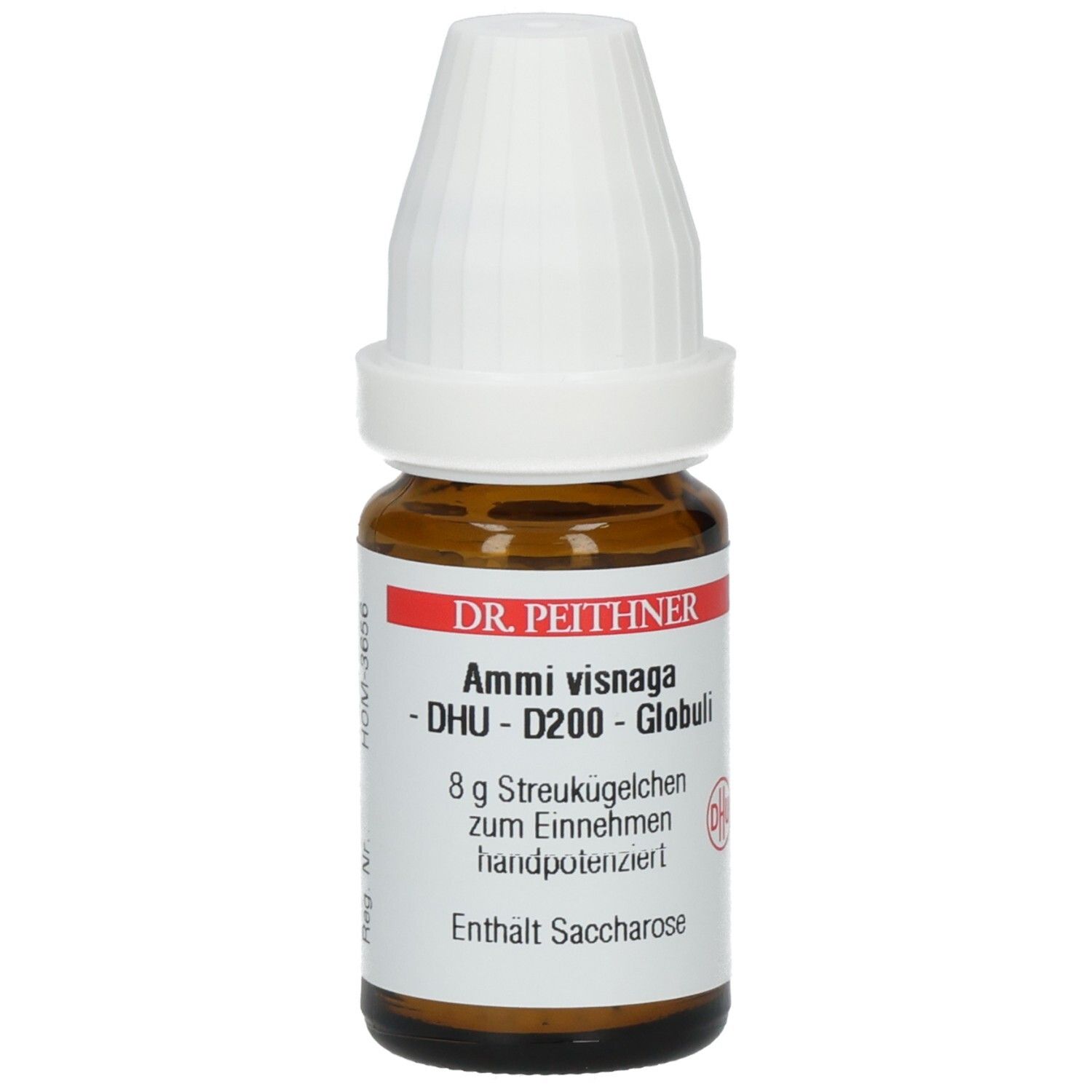 Braune Glasflasche mit weißem Deckel. Etikett mit Produktnamen und DHU-Logo. Enthält Globuli.