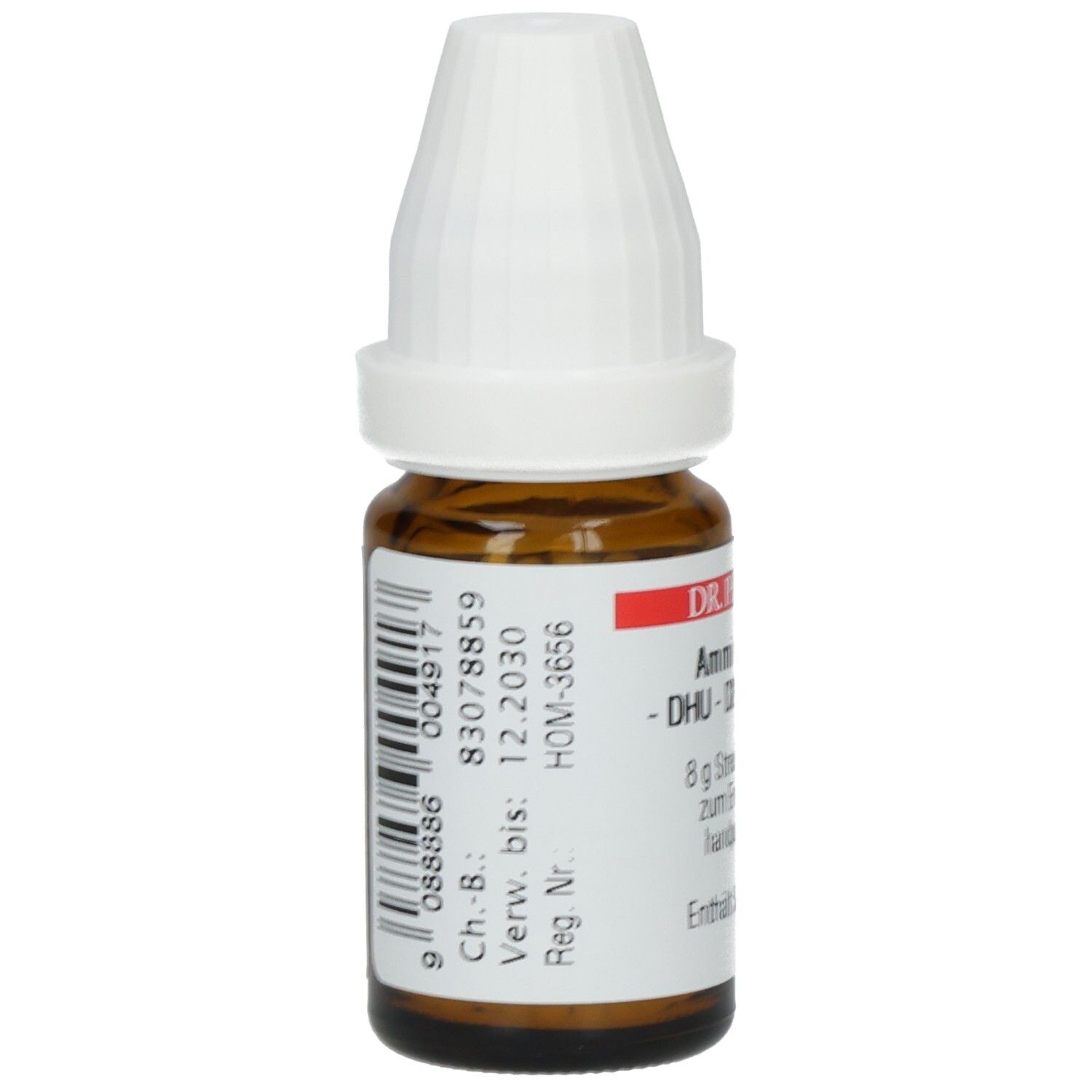 Braune Glasflasche mit weißem Deckel. Etikett mit Barcode und Chargennummer. Enthält Globuli.