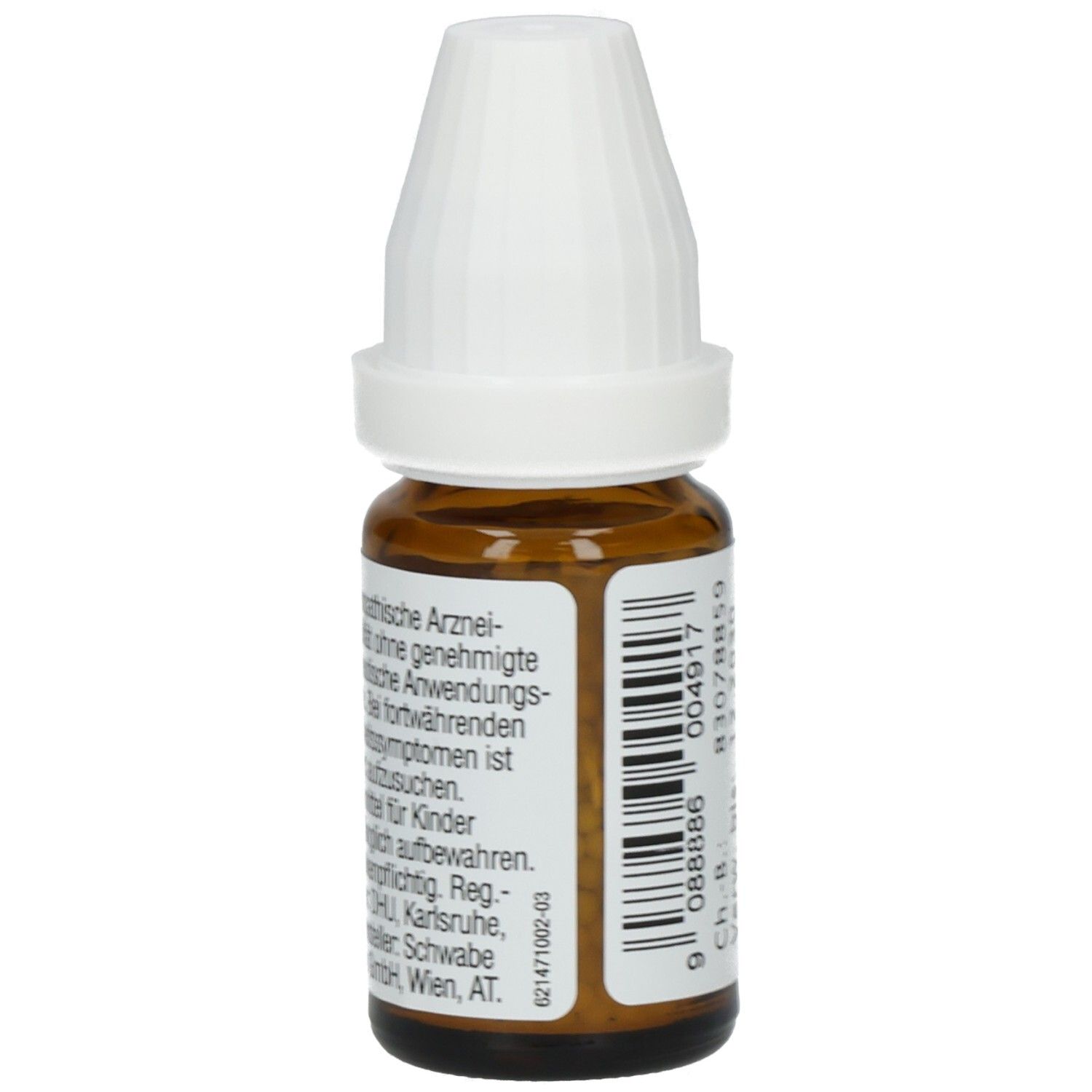 Braune Glasflasche mit weißem Deckel. Etikett mit Text. Enthält Globuli.