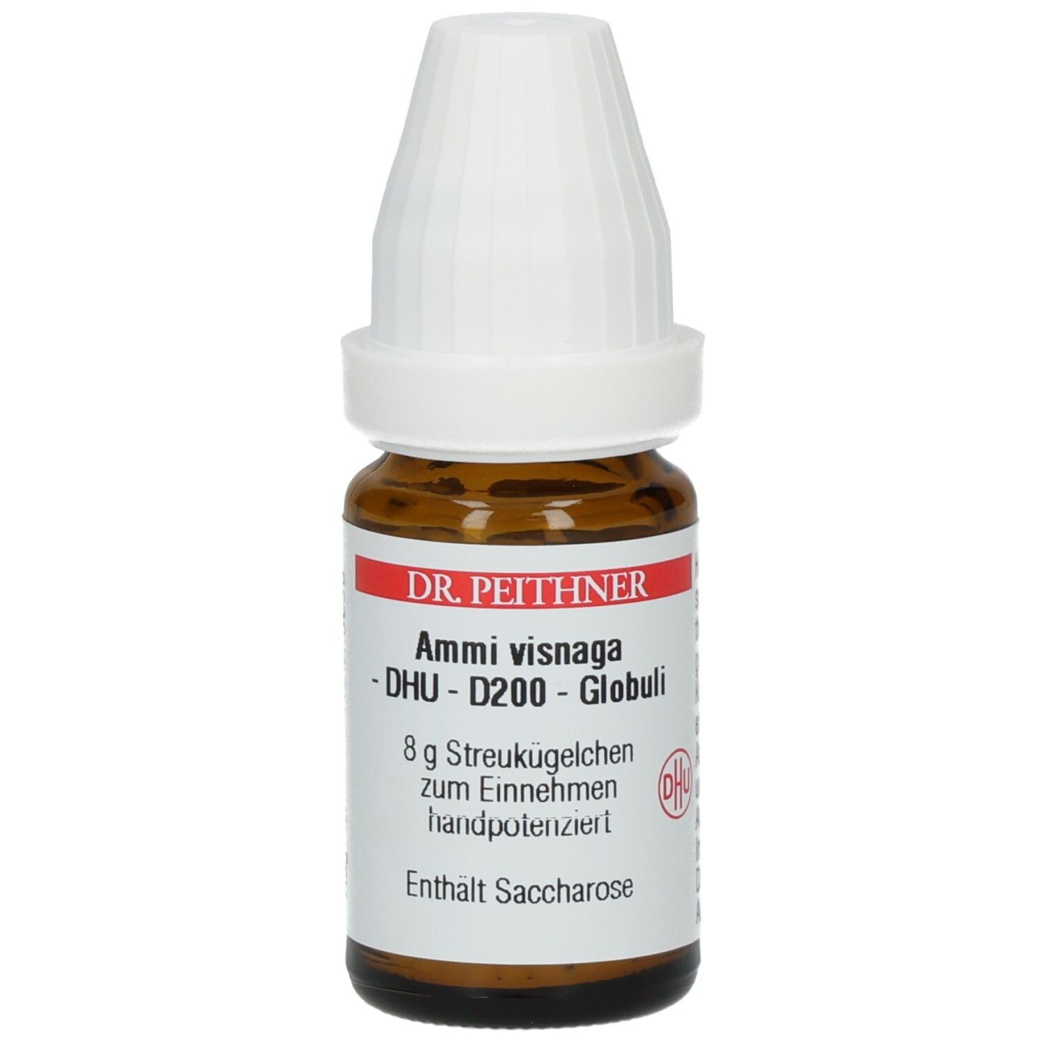 Braune Glasflasche mit weißem Deckel. Etikett mit Produktnamen und DHU-Logo. Enthält Globuli.