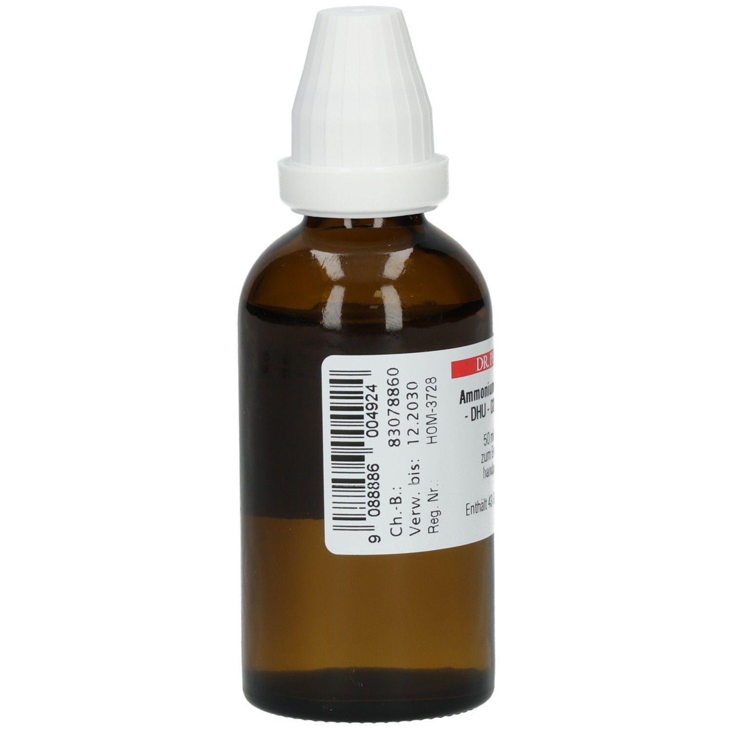 Braune Glasflasche mit weißem Verschluss. Barcode und Etikett mit Informationen. Verfallsdatum: 12.2030.