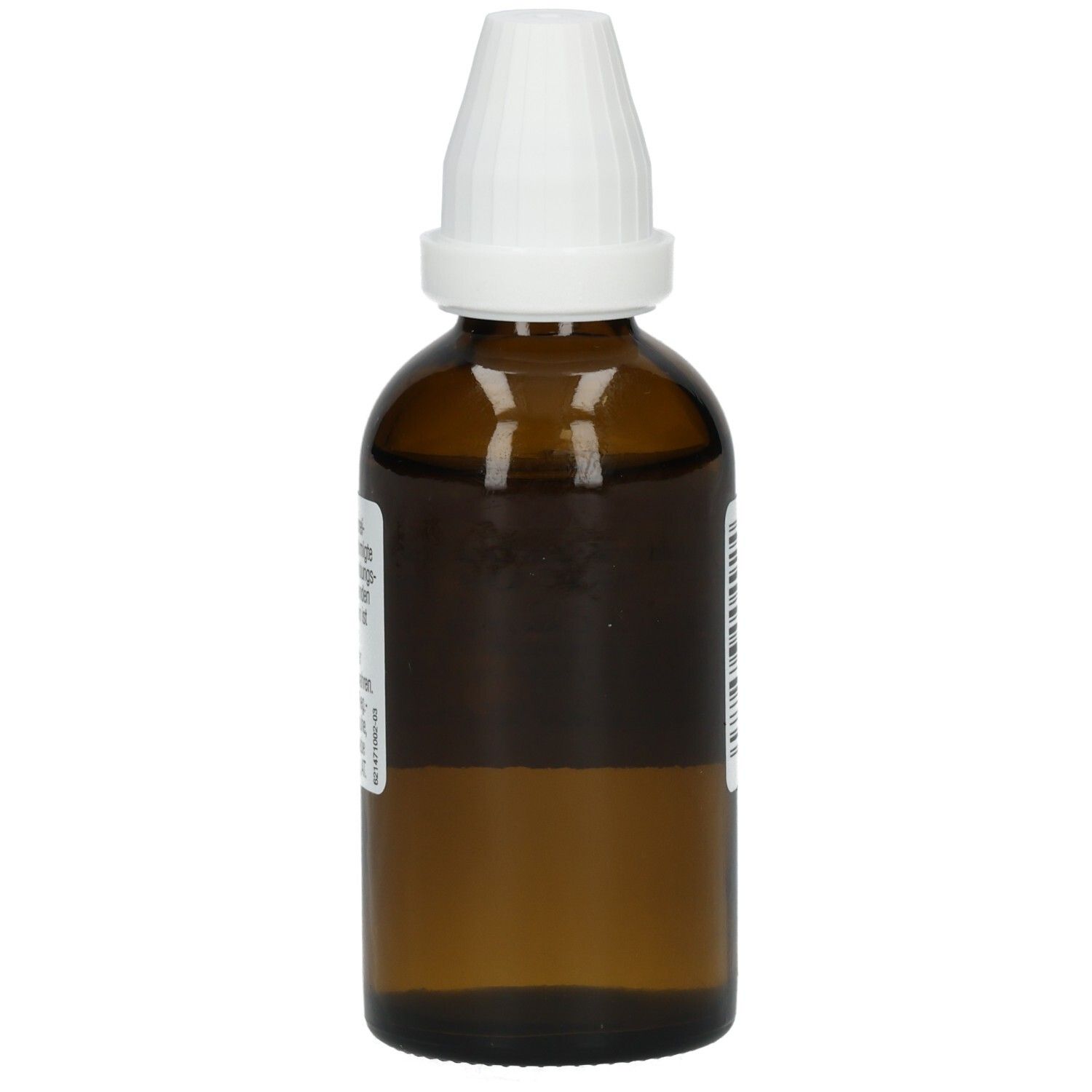 Braune Glasflasche mit weißem Verschluss. Etikett mit Produktinformationen. Herstellerinformationen.