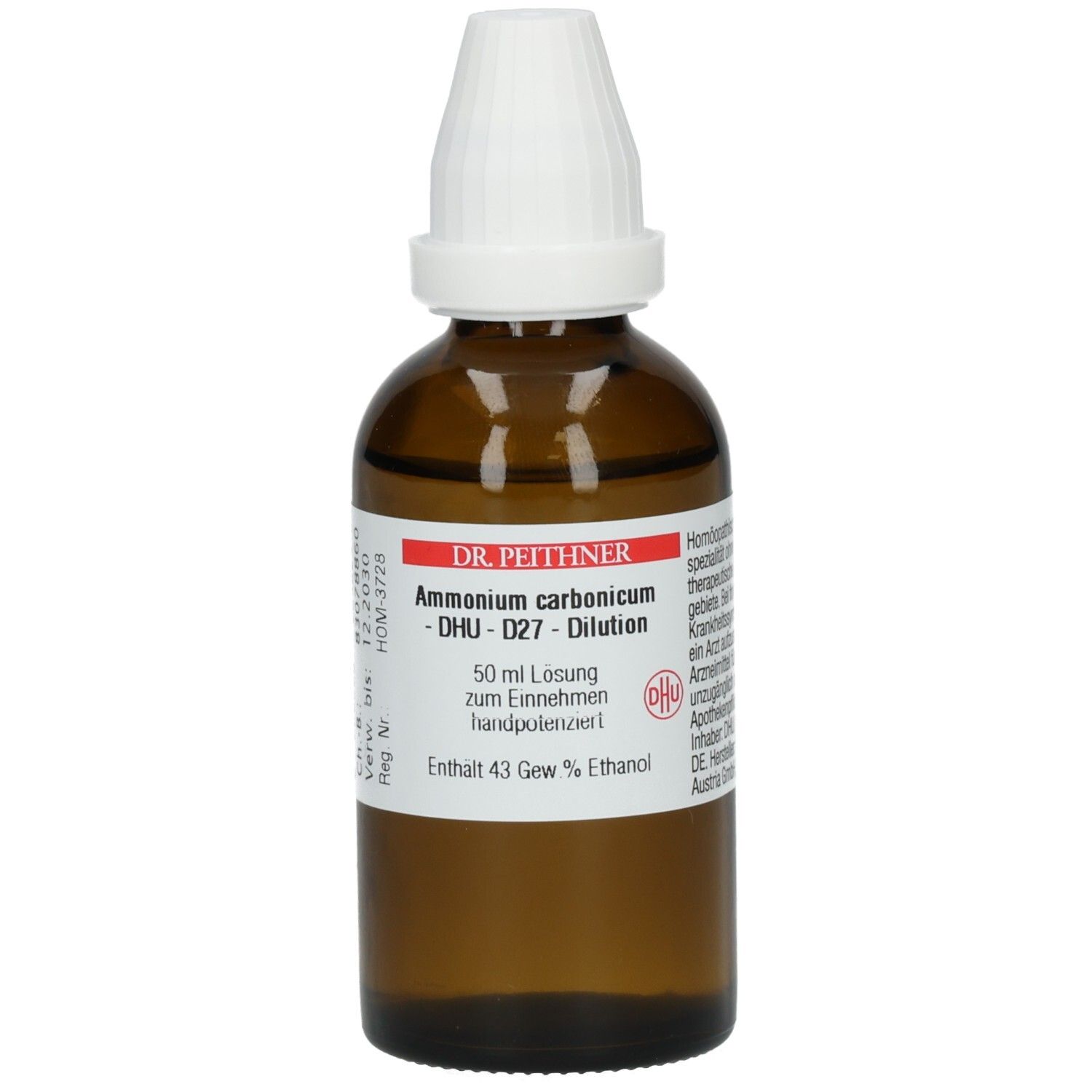 Braune Glasflasche mit weißem Verschluss. Beschriftung: Ammonium carbonicum - D27 - Dilution. DHU-Logo.