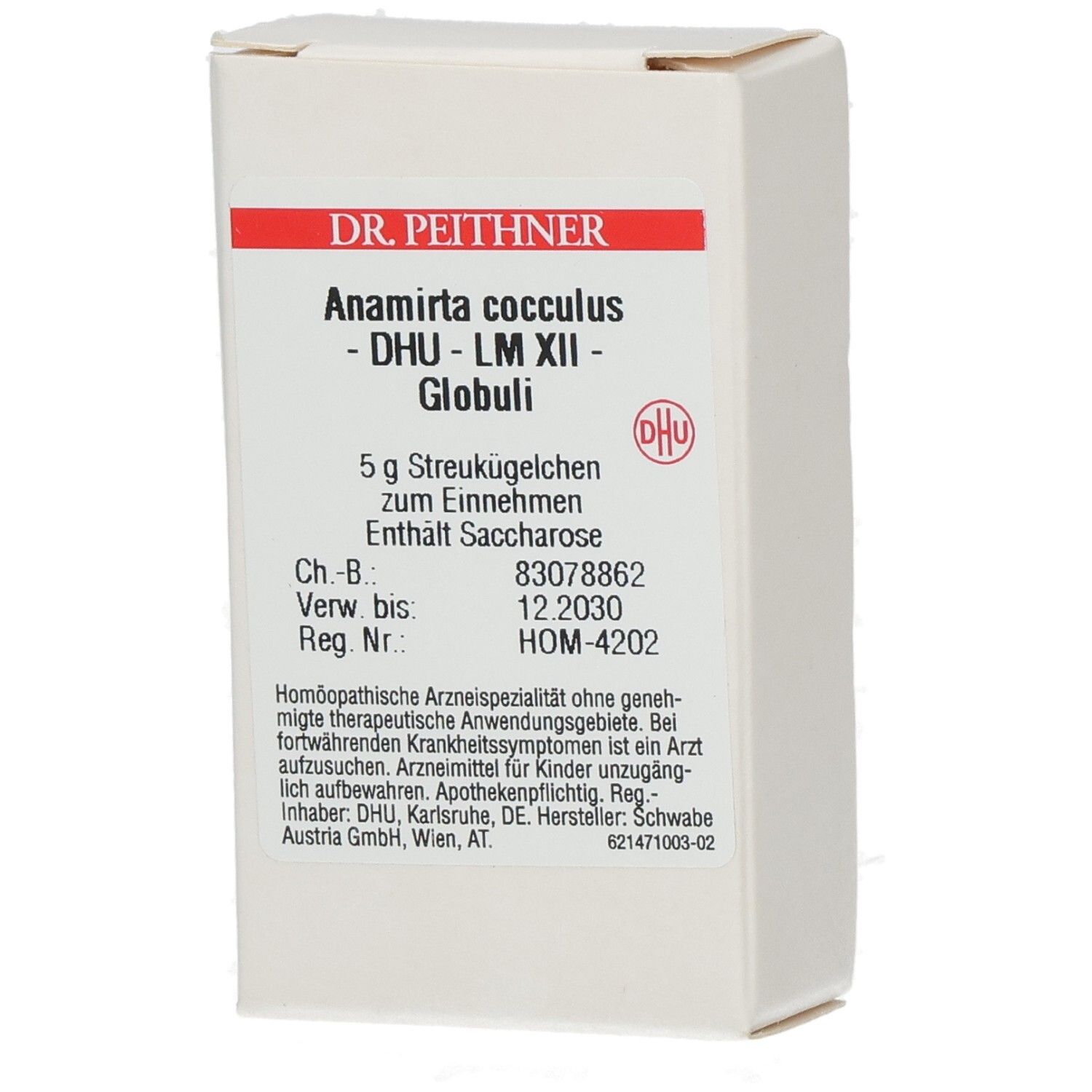 Weiße Faltschachtel mit rotem Schriftzug. Beschriftung: DR. PEITHNER, Anamirta cocculus, DHU, Globuli. Enthält Saccharose. DHU-Logo.