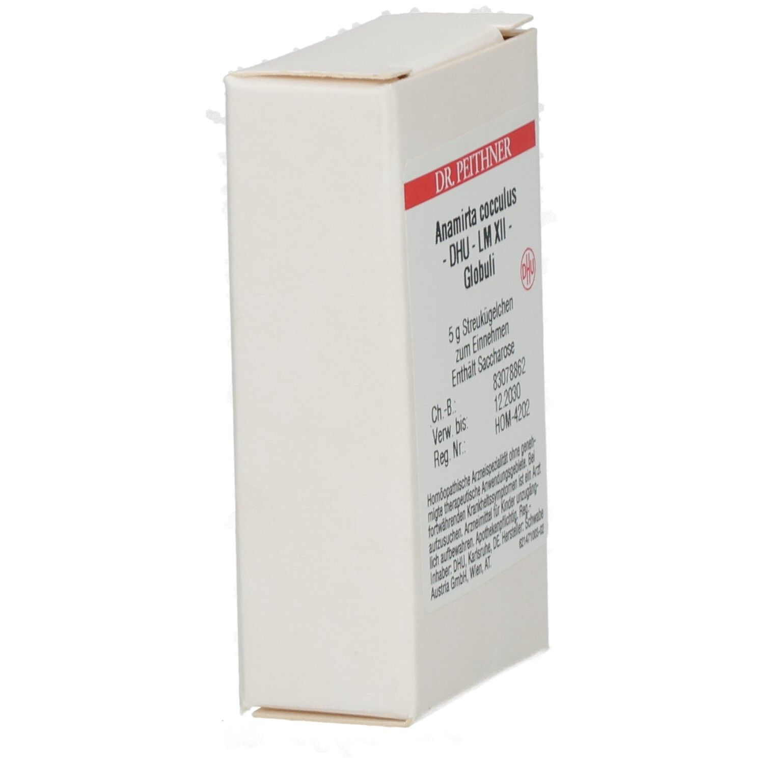 Weiße Faltschachtel, seitliche Ansicht. Beschriftung: DR. PEITHNER, Anamirta cocculus, DHU, Globuli. DHU-Logo.