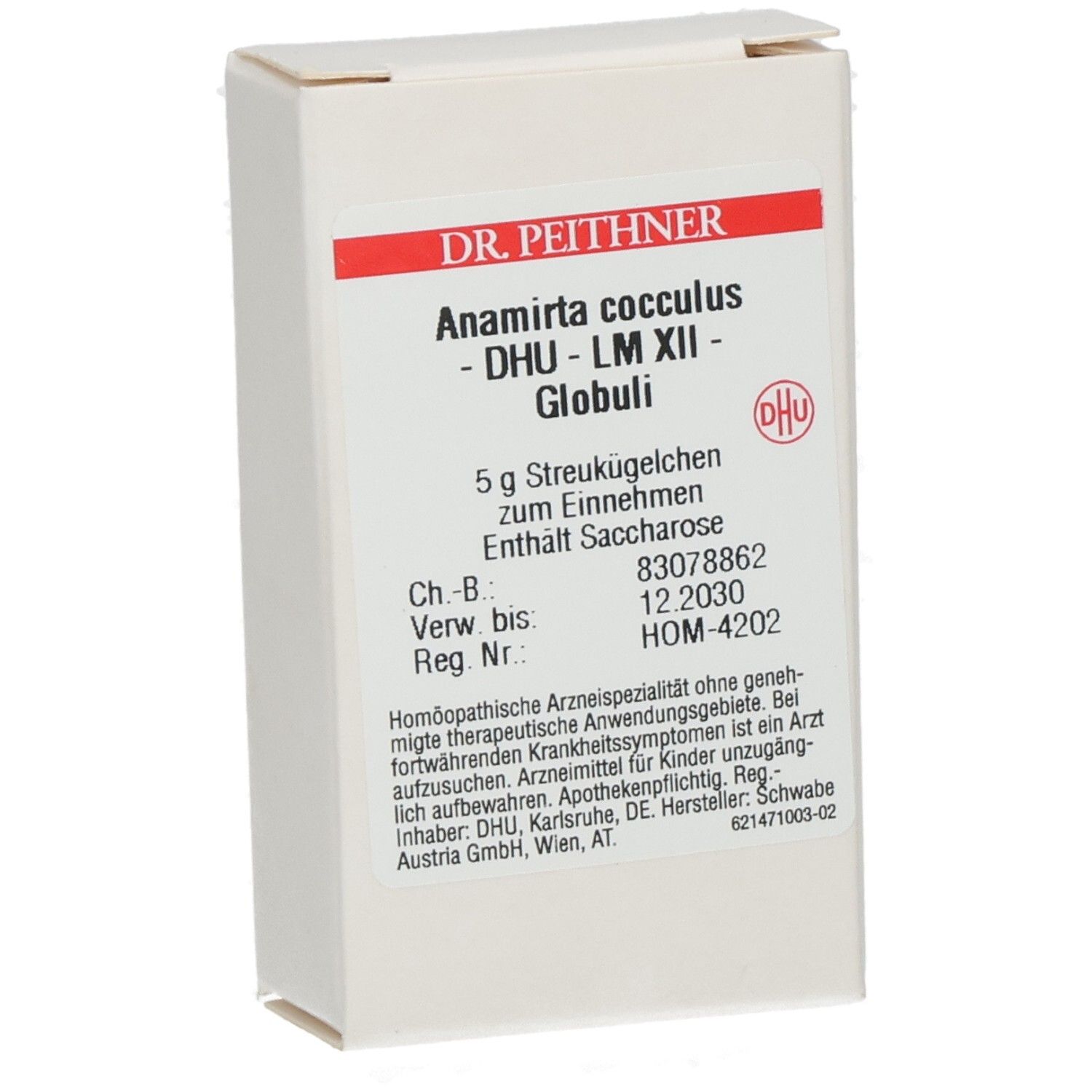 Weiße Schachtel mit Produktinformationen. Aufschrift: Anamirta cocculus - DHU - LM XII - Globuli. Enthält Saccharose. DHU-Logo.